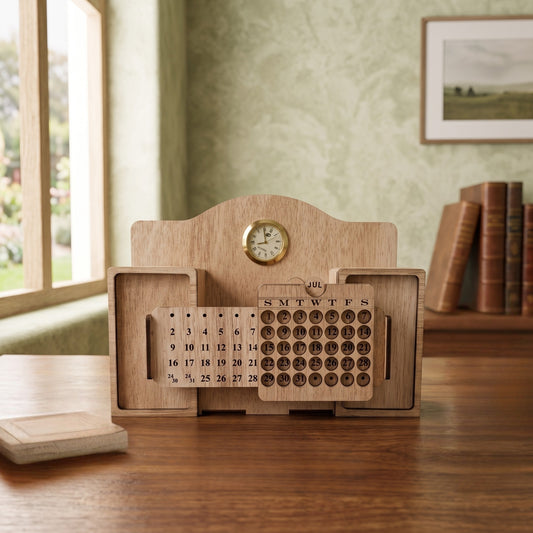 Premium Wooden Perpetual Desk Calendar with Integrated Analog Clock, Vintage Sliding Date Display, and Organizer Slots for Office Desk and Home Decor.