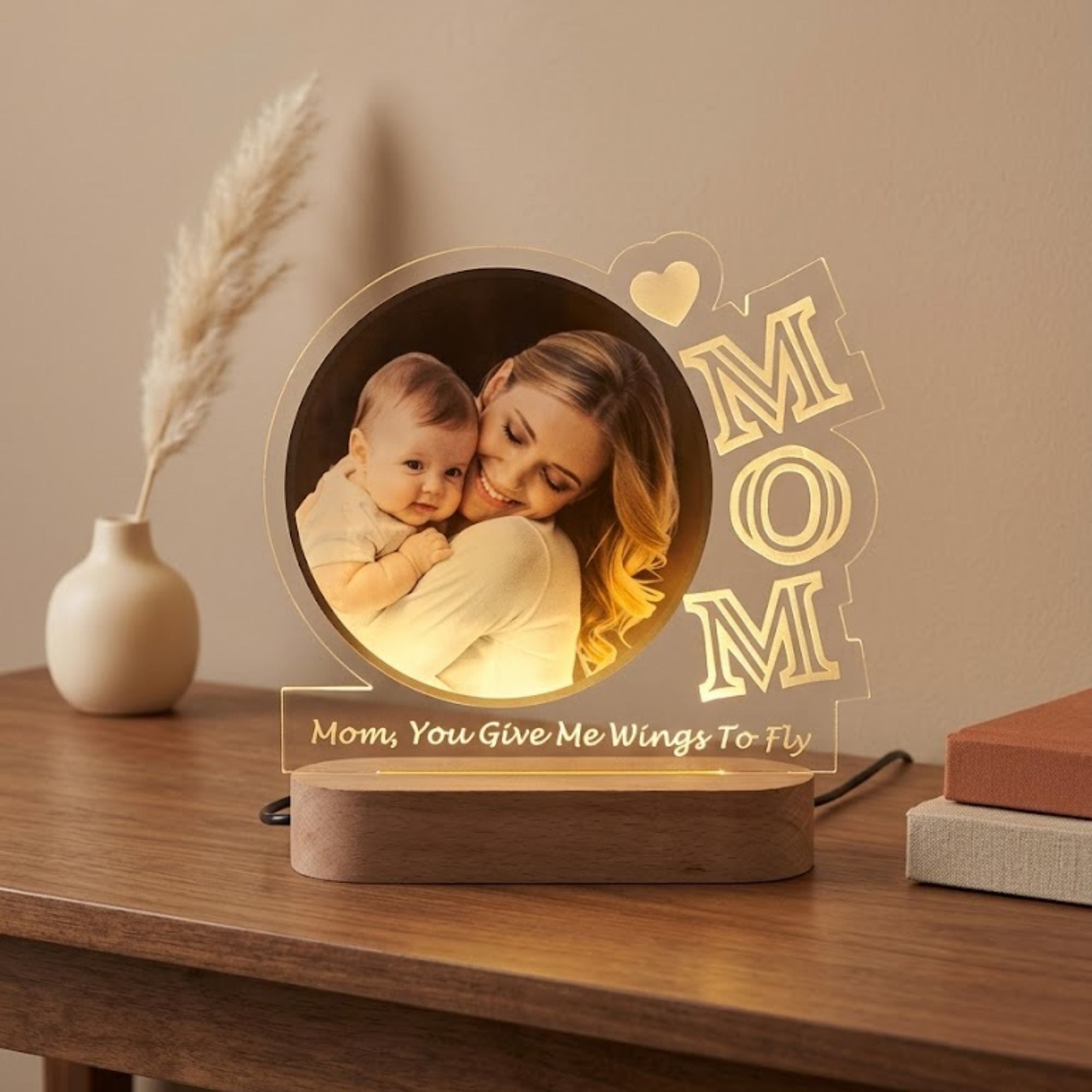 Shayona Gift Shop-Custom Mom Photo LED Lamp with Wood Base | Personalized Mother's Day Gift from Child | Engraved Keepsake