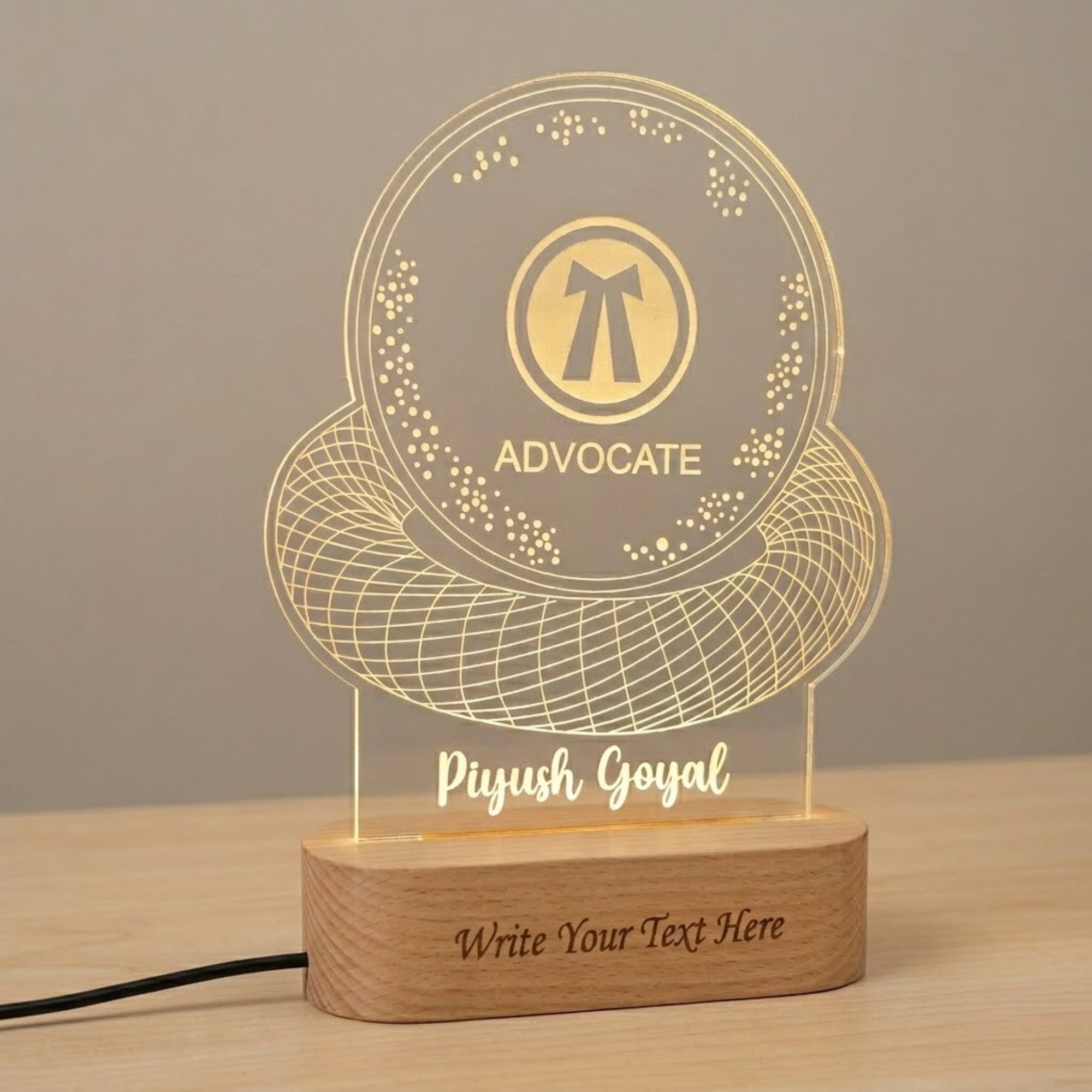 Shayona Gift Shop-Personalized Advocate LED Desk Lamp - Custom Engraved Lawyer Name Plate with Advocate Emblem & Wooden Lighted Base