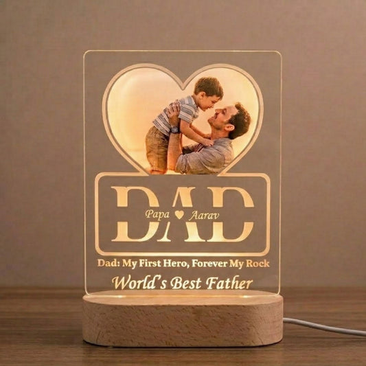 Shayona Gift Shop-Customized LED Acrylic Lamp with Dad Photo & Names | “World’s Best Father” Gift | Heart Design with Engraving | Father's Day/Birthday Gift