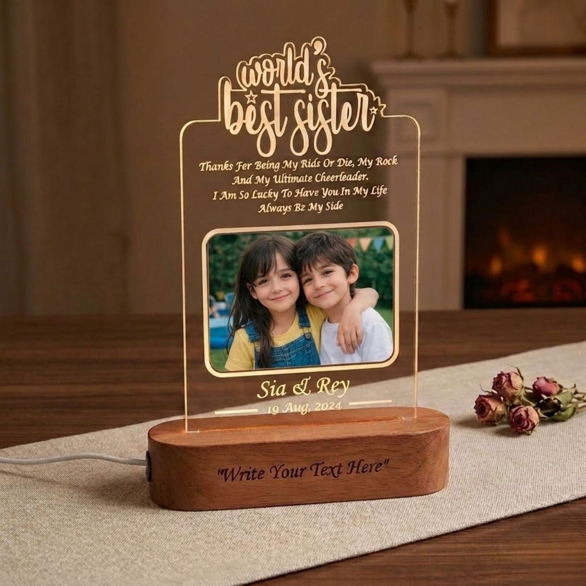 Shayona Gift Shop- Soul Sister Personalized 3D Illusion Led Photo Lamp Multicolor with Remote Control Gift for Sister on Rakshabandhan, Rakhi, Birthday, Sisters day and many other special occasions (28*18 CM) (Dear Sister)