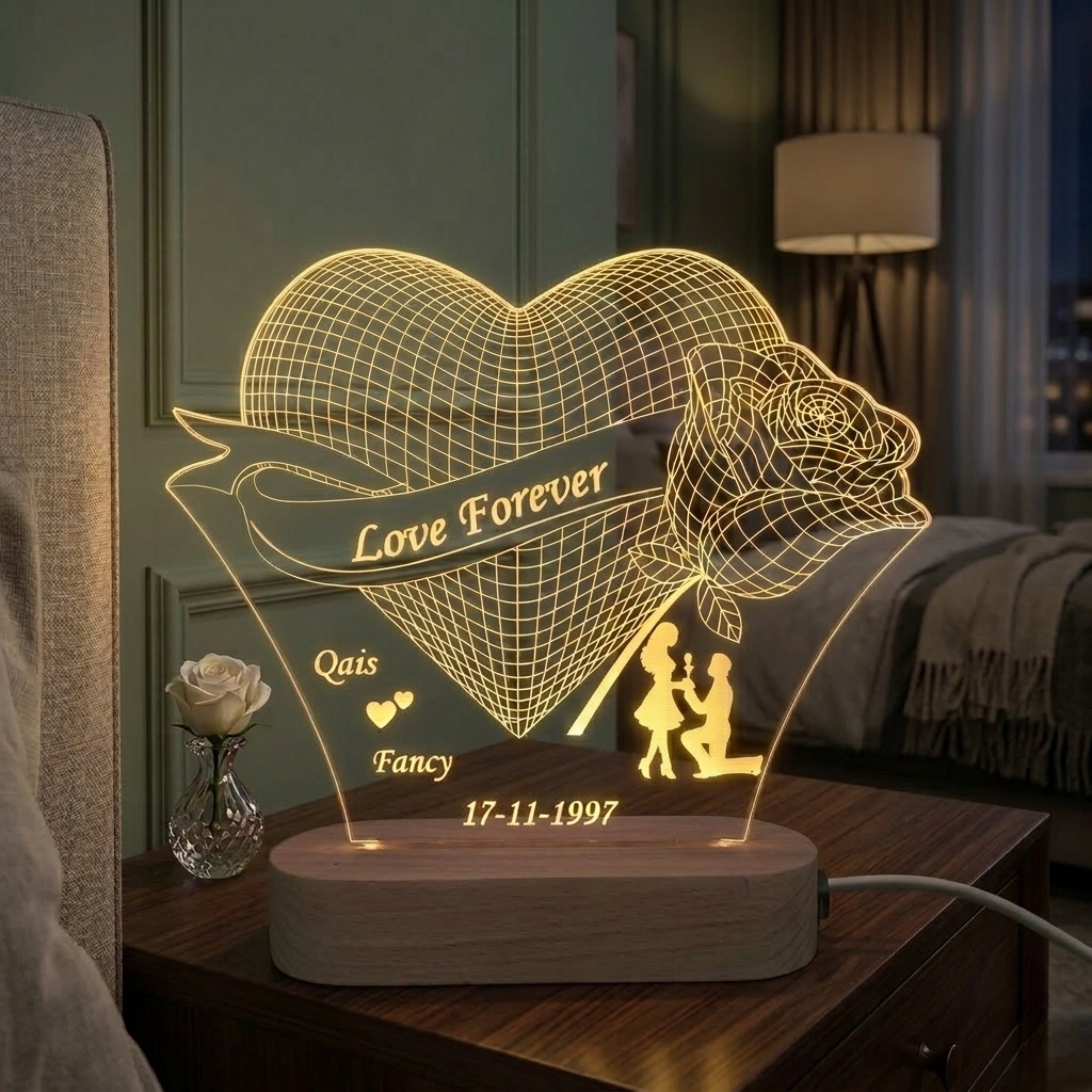 Shayona Gift Shop-Personalized 3D Heart Rose Acrylic LED Lamp – Custom Couple Names, Proposal Silhouette & Date Romantic Night Light
