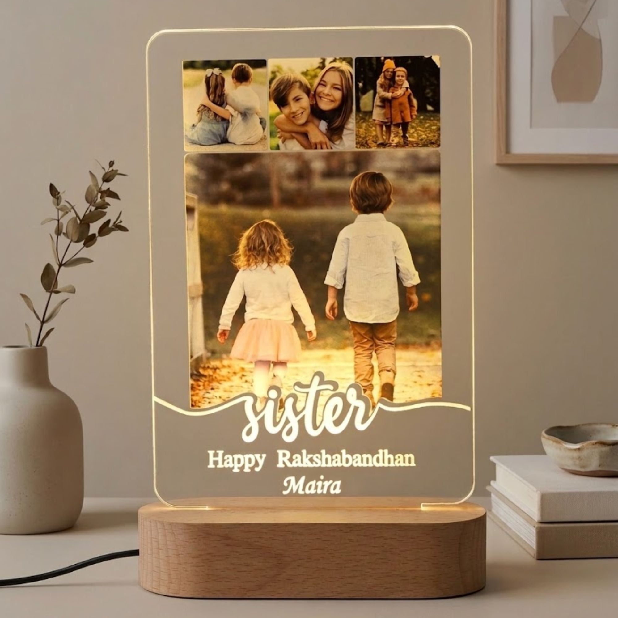 Shayona Gift Shop- Personalized LED Acrylic Photo Lamp for Sister | Rakshabandhan Gift with Custom Name & Photos