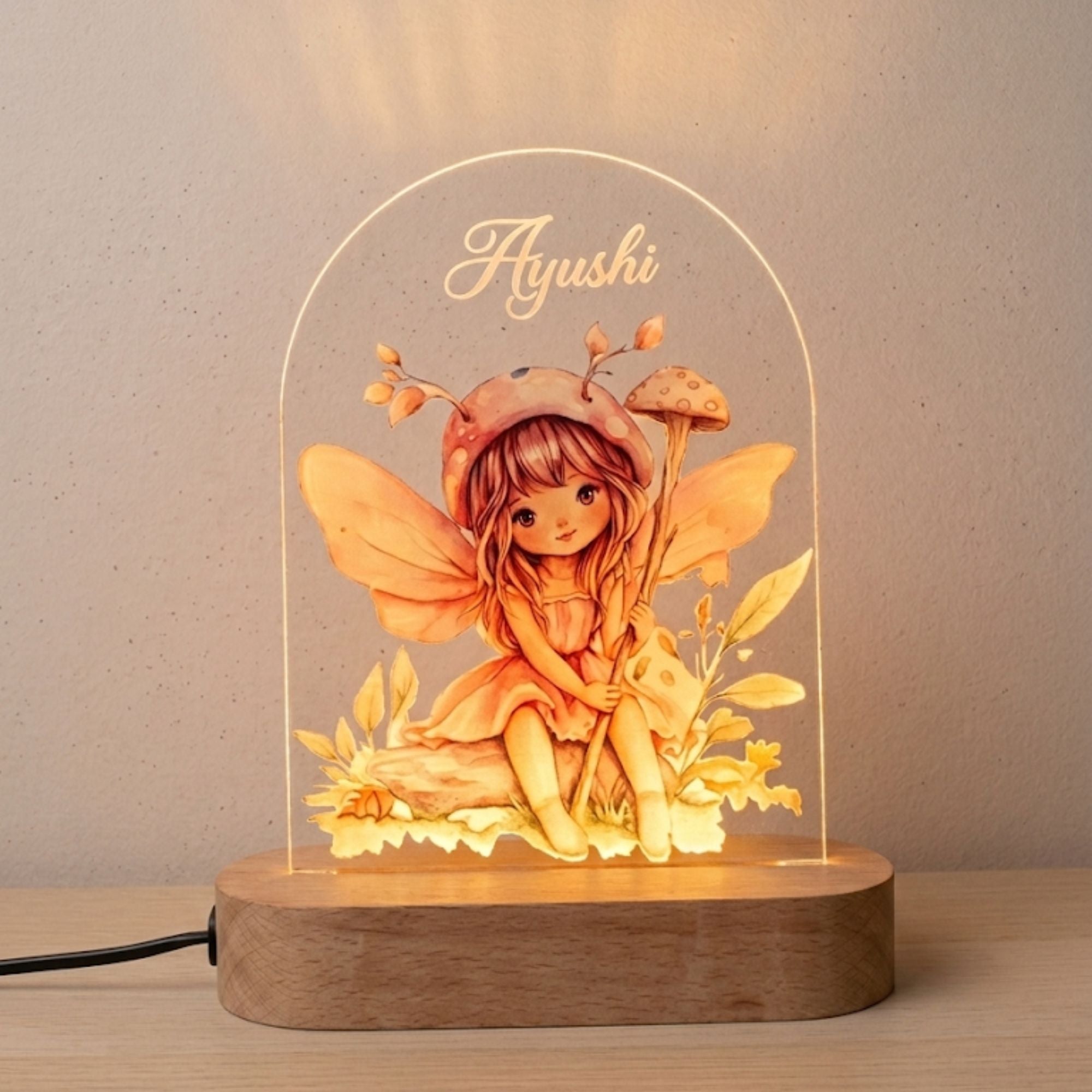Custom Name Cute Fairy & Mushroom Arch Acrylic LED Lamp with Wooden Base | Personalized 3D Nightlight, Warm Bedside Table Decorative Light for Children’s Room, Unique Birthday Gift