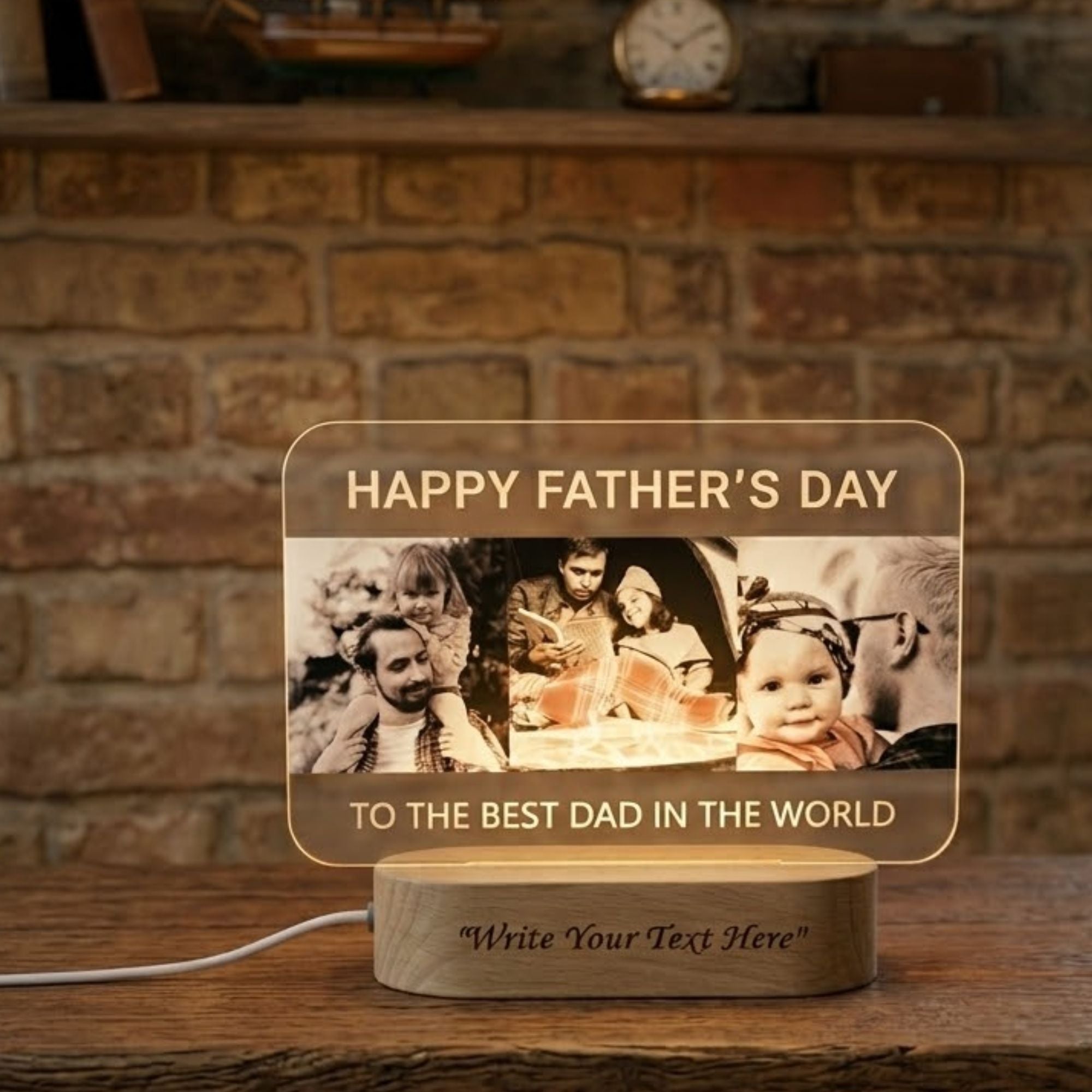 Shayona Gift Shop-Personalized Happy Father's Day Photo Acrylic LED Lamp with Wooden Base – Custom "To The Best Dad In The World" Light Plaque for Father's Day, Birthday & Desk Decor