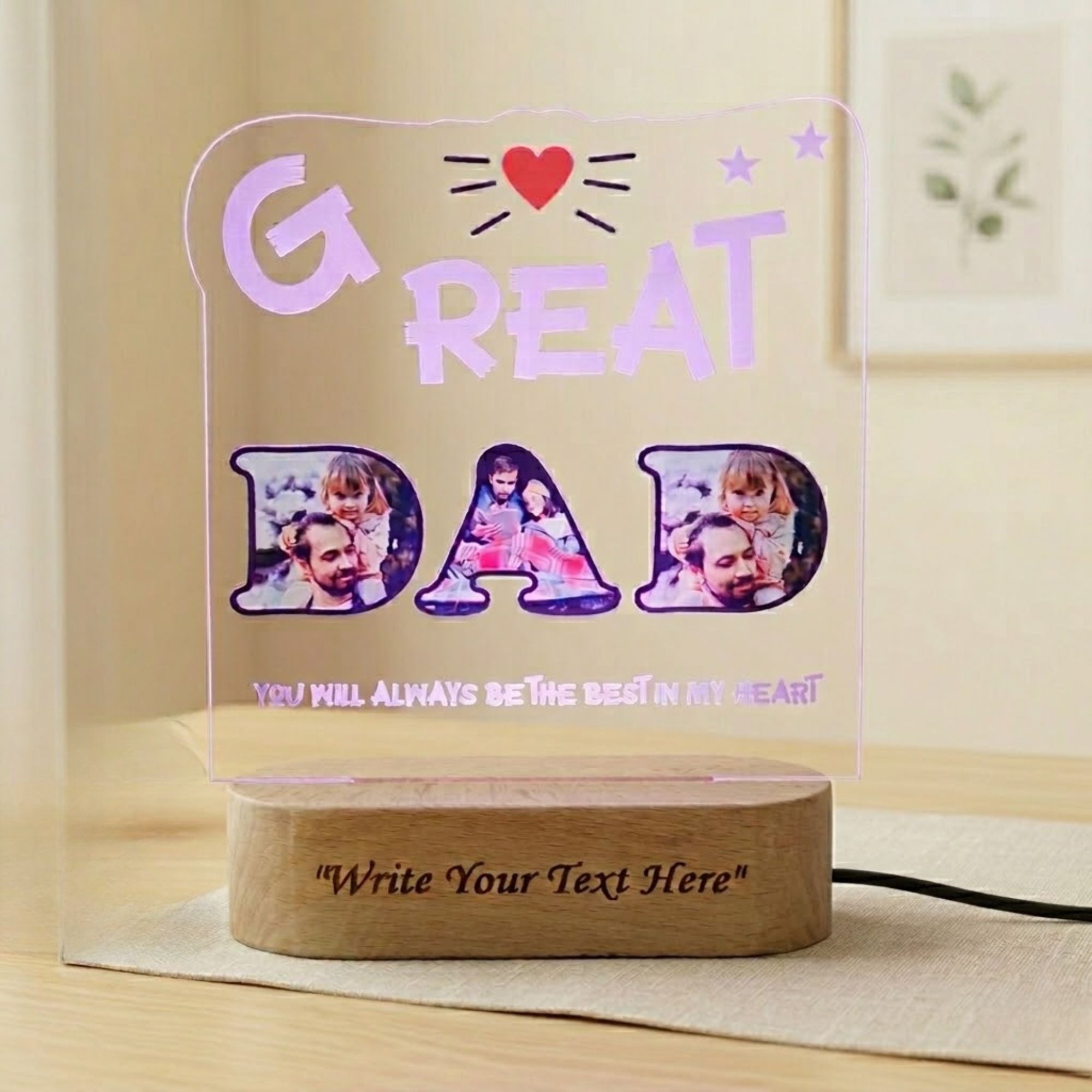 Shayona Gift Shop-Personalized Great Dad Photo Lettering Acrylic LED Lamp with Wooden Base – Customized "GREAT DAD" Photo Frame Light Plaque for Father's Day, Birthday & Home Decor