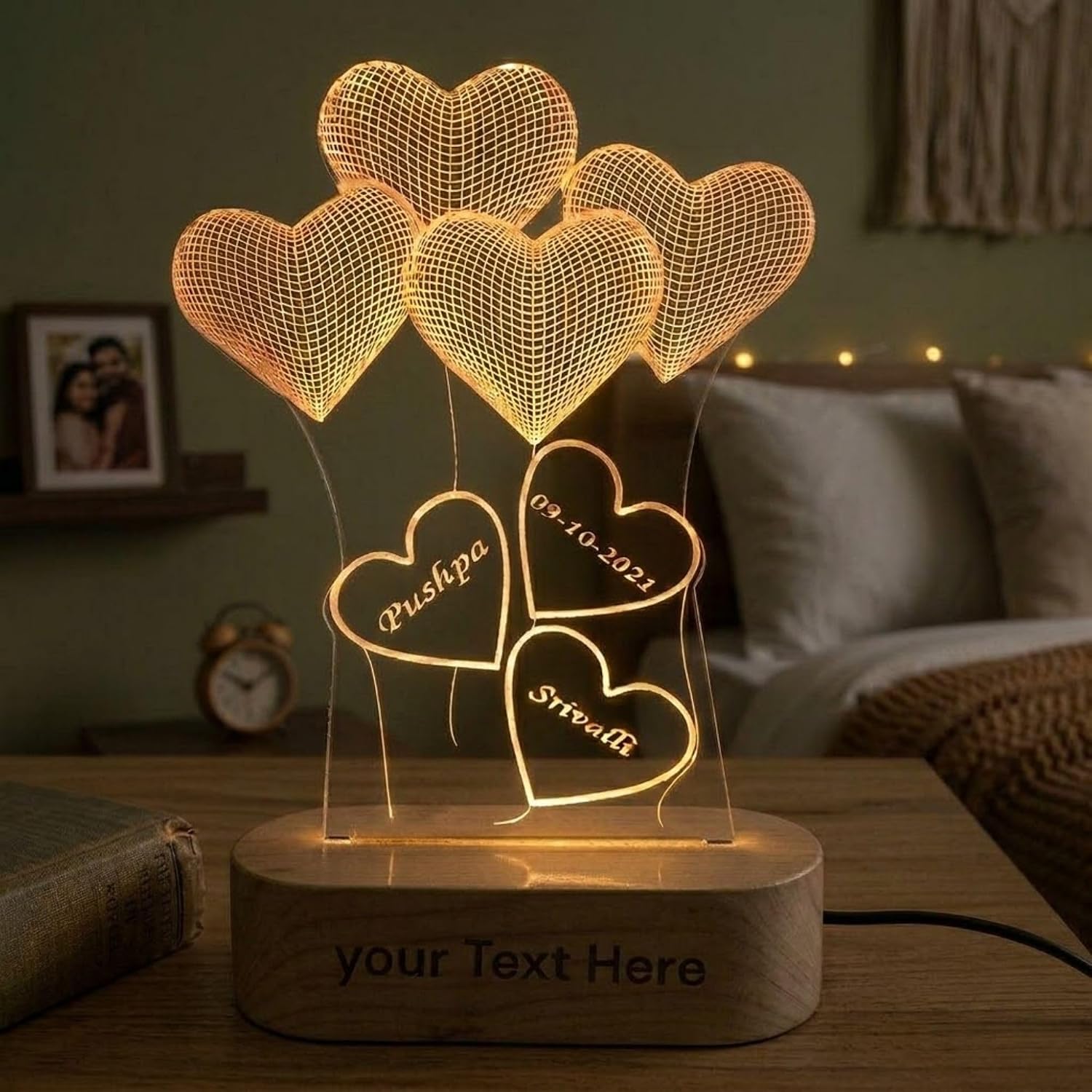 Shayona Gift Shop-Personalized 3D Heart Balloons Acrylic LED Lamp – Custom Names, Date & Anniversary Message Glowing Night Light Keepsake