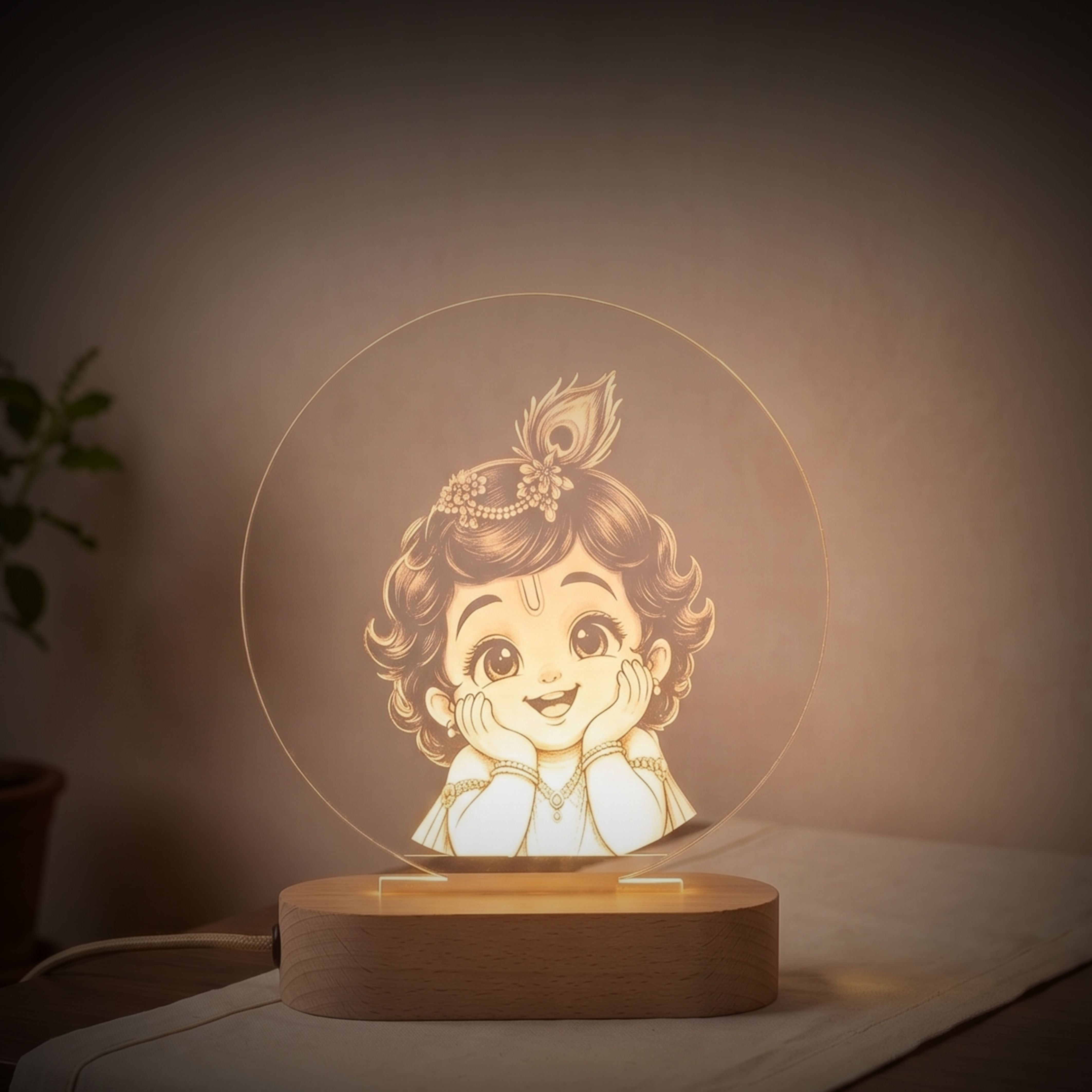 Shayona Gift Shop-Cute Bal Krishna LED Night Lamp with Wooden Base | 3D Acrylic Table Lamp | Spiritual Home Decor & Gift