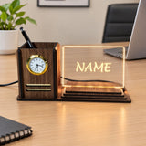 Shayon Gift Shop-Personalized LED Name Plate Desk Organizer with Pen Stand and Analog Clock - Premium Wooden Office Accessory & Corporate Gift