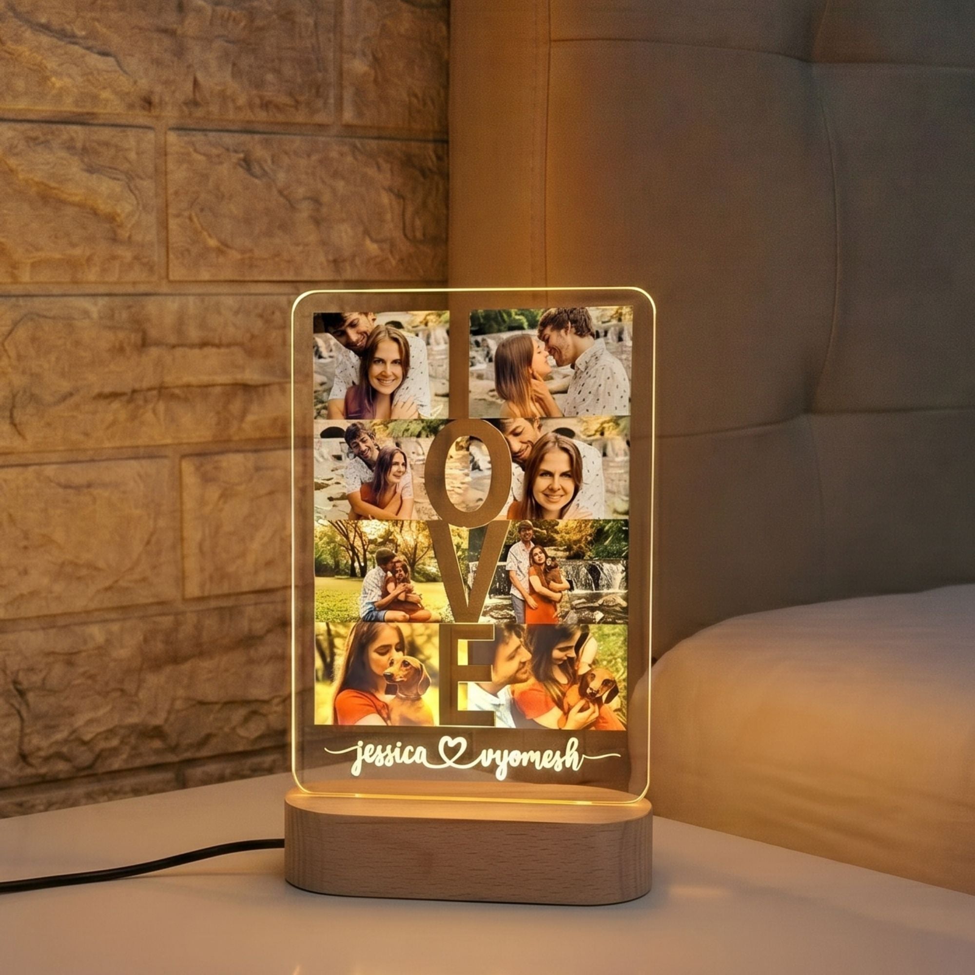 Shayona Gift Shop-Personalized LOVE Photo Collage Acrylic LED Night Light – Custom Photo Grid Lamp with Engraved Couple Names & Wooden Base, Romantic Anniversary, Wedding & Valentine’s Day Keepsake Gift