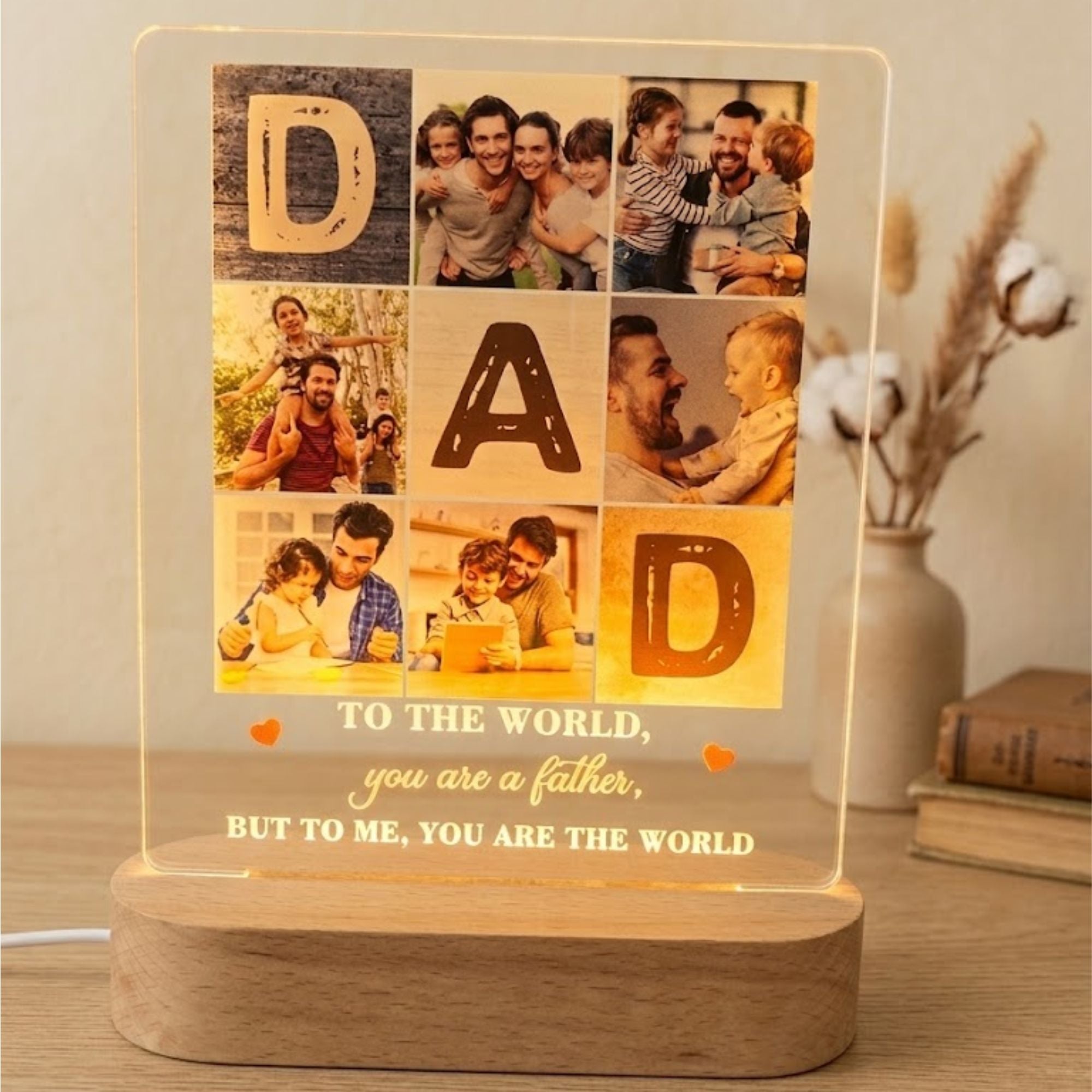 Shayona Gift Shop-Personalized Dad Photo Acrylic LED Night Light | Custom Father's Day Photo Frame Lamp with Wooden Base | Unique Keepsake Gift for Father, Dad & Husband
