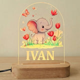 Custom Name Cartoon Elephant Arch Acrylic LED Lamp with Wooden Base | Personalized 3D Nightlight, Warm Bedside Table Decorative Light for Children’s Room, Unique New Born Gift
