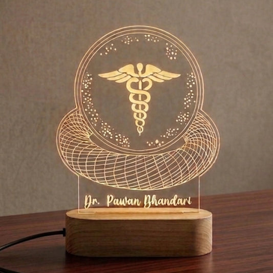 Shayona Gift Shop-Personalized Doctor Caduceus Emblem 3D Acrylic LED Night Light | Custom Doctor Name Desk Lamp with Wooden Base | Thoughtful Gift for Doctors, Surgeons & Medical Students
