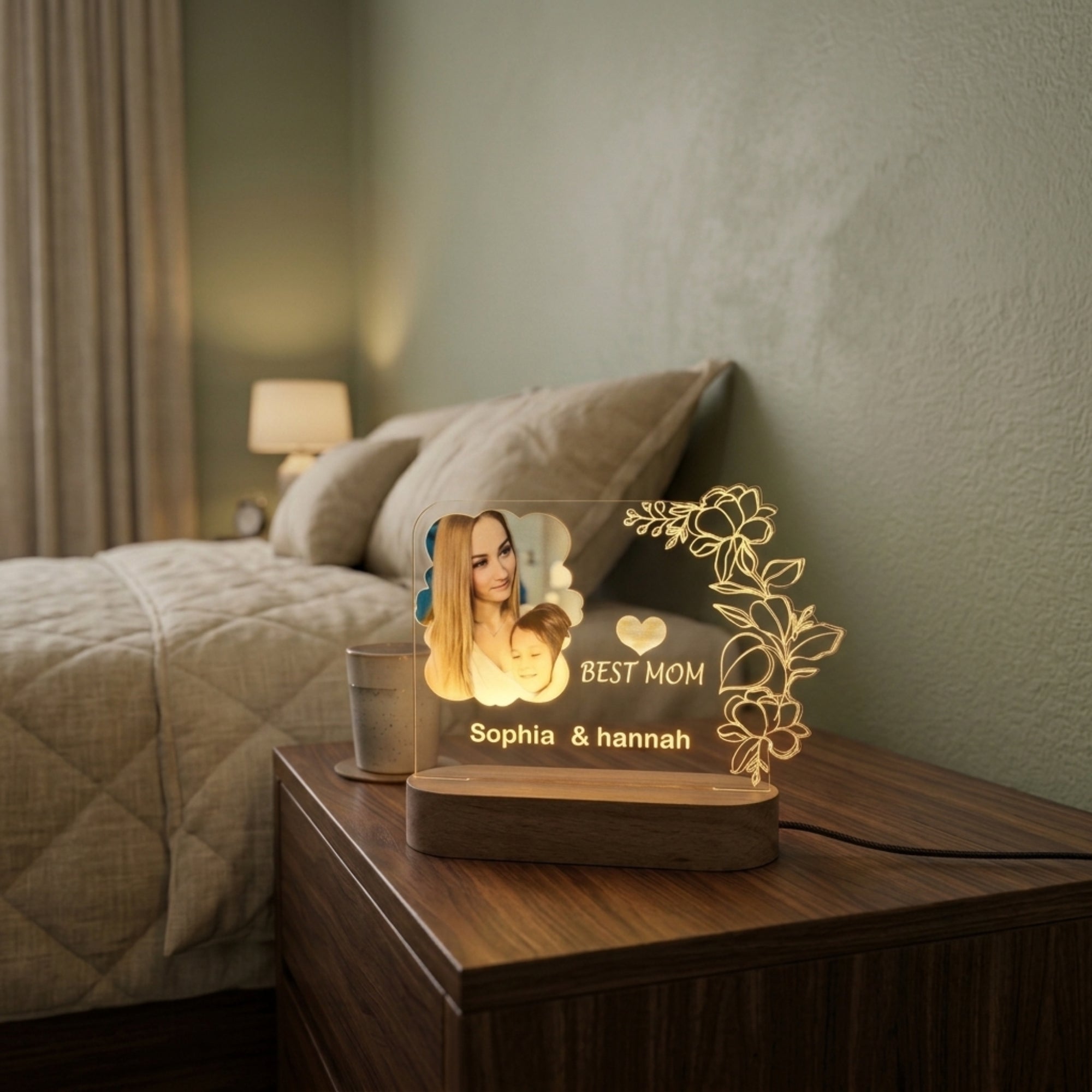 Shayona Gift Shop-Personalized "Best Mom" Acrylic LED Night Light | Custom Photo Plaque with Names & Floral Design | Mother's Day Gift