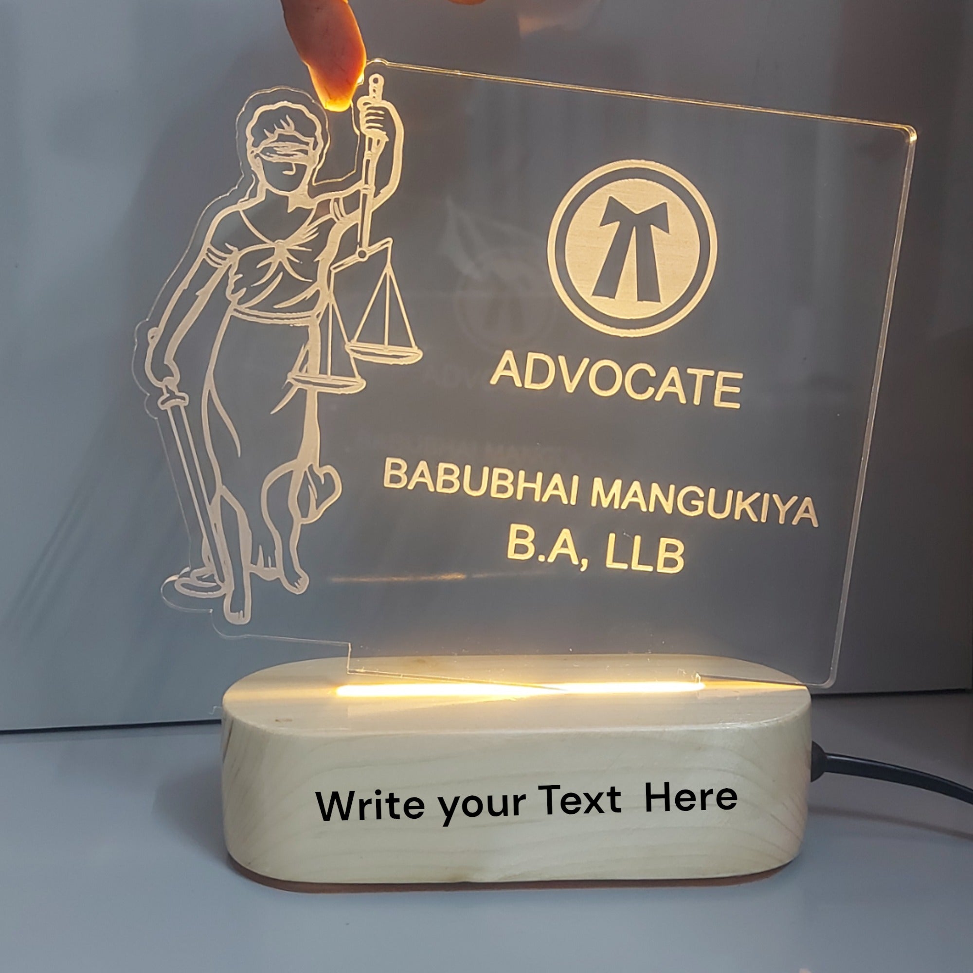 SHAYONA Personalized Led Lamp Customized Advocate Name and Degree Write Desk Table lamp Gift for Lawyers, Law Students Wooden Base-Warm White-22CM