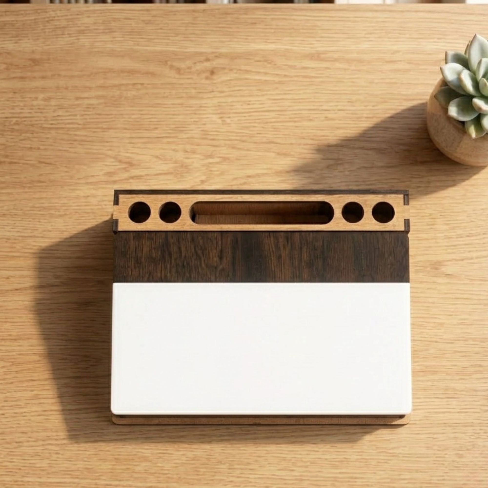 Premium Wooden Desktop Memo Board & Organizer with Angled Dry Erase Surface, Pen Slots, and Mobile Stand