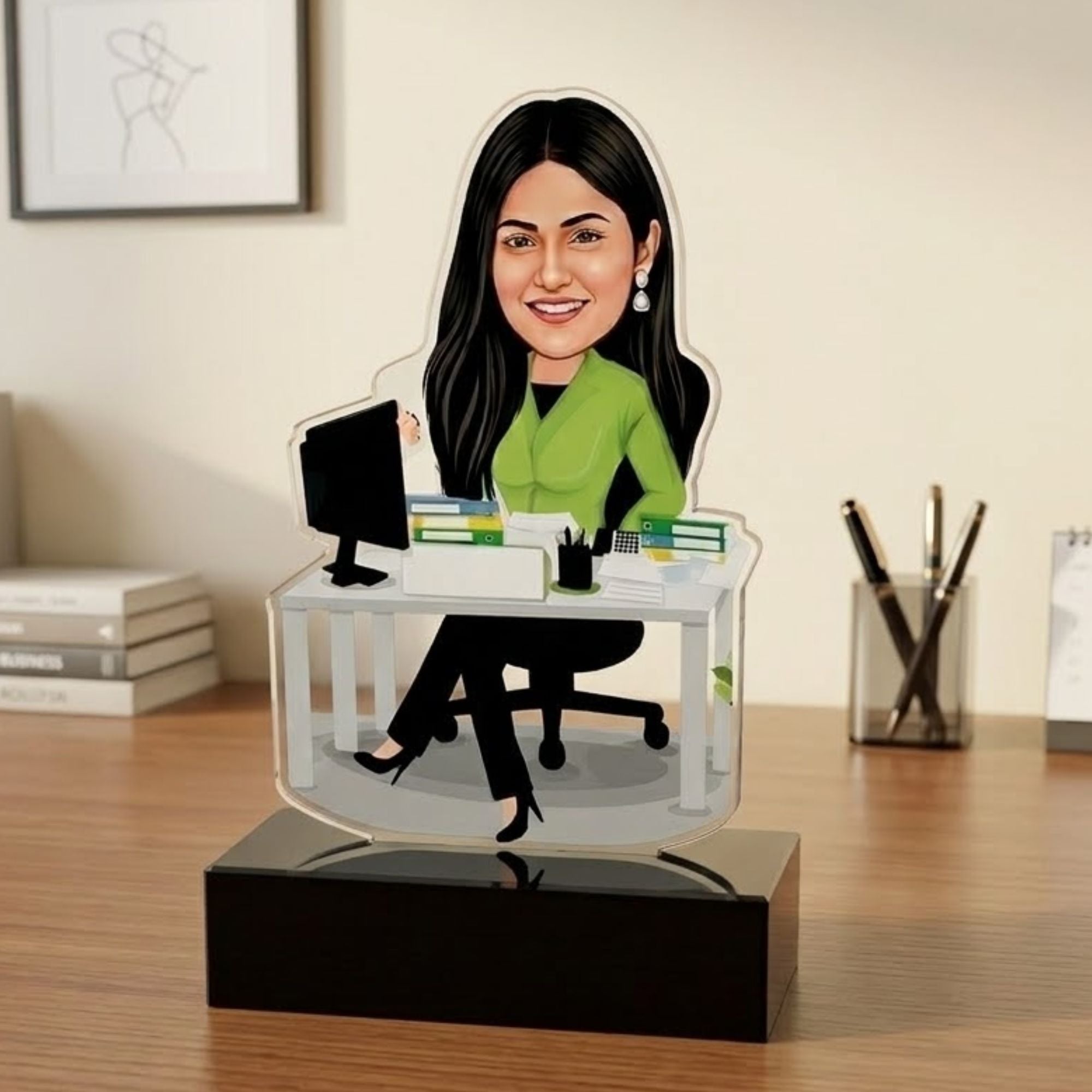 Shayona Gift Shop Personalized Female Working Professional Caricature Standee | Custom Photo Desk Nameplate Gift for Office Boss, Colleague & IT Corporate Girl