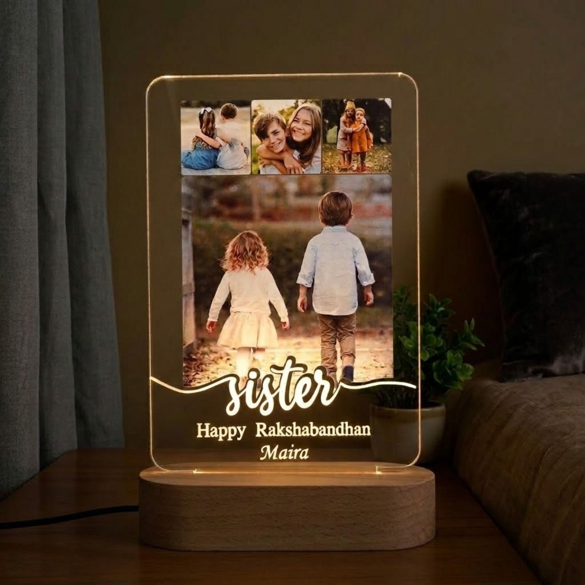 Shayona Gift Shop- Personalized LED Acrylic Photo Lamp for Sister | Rakshabandhan Gift with Custom Name & Photos