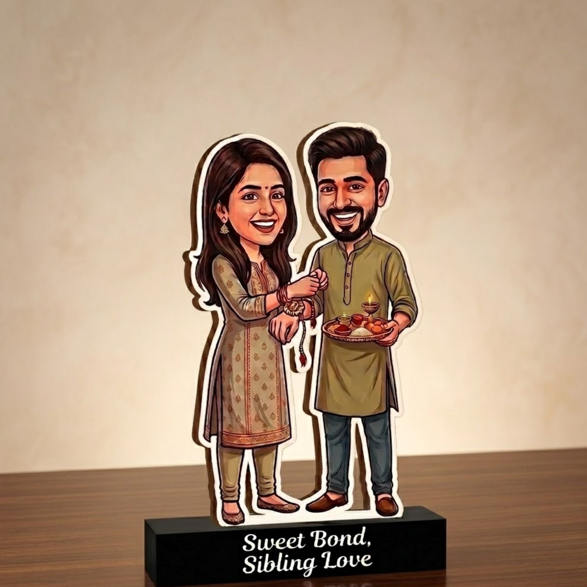 Shayona Gift Shop Personalized Raksha Bandhan Caricature Stand | Brother & Sister Rakhi Gift Tabletop Decor | "Sweet Bond, Sibling Love" Wooden Plaque