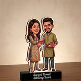Shayona Gift Shop Personalized Raksha Bandhan Caricature Stand | Brother & Sister Rakhi Gift Tabletop Decor | "Sweet Bond, Sibling Love" Wooden Plaque