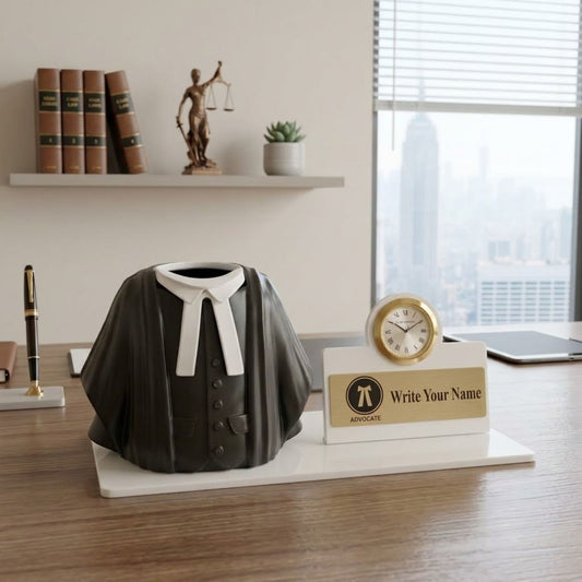 Shayona Gift Shop-Personalized Advocate Desk Name Plate with Clock & Gown Pen Holder white color | Customized Lawyer Office Table Decor | Gift for Advocates, Judges & Law Students
