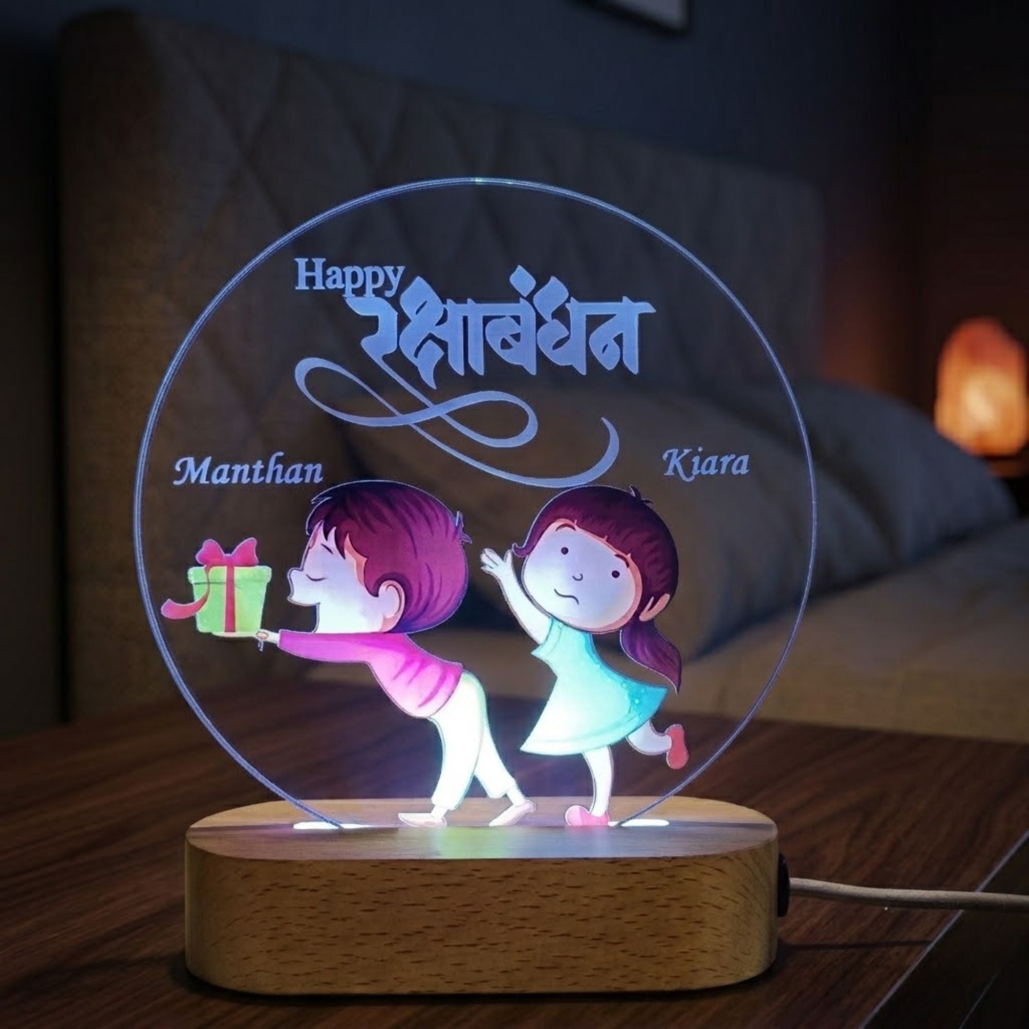 Shayona Gift Shop-Personalized Rakshabandhan Brother Sister Acrylic LED Night Light – Custom Engraved Name Lamp with Cute Brother Giving Gift Illustration & Wooden Base, Rakhi Gift for Sister & Brother