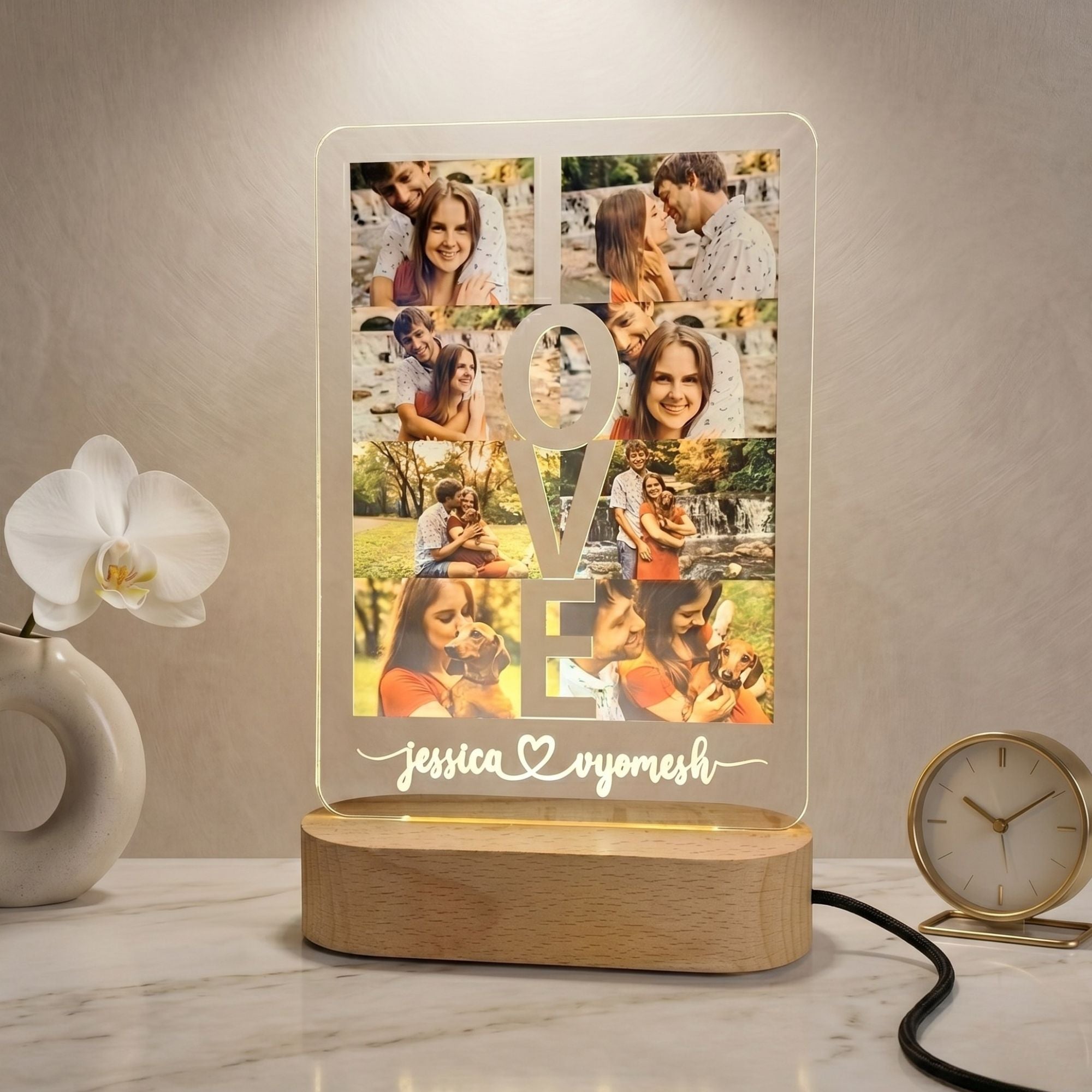 Shayona Gift Shop-Personalized LOVE Photo Collage Acrylic LED Night Light – Custom Photo Grid Lamp with Engraved Couple Names & Wooden Base, Romantic Anniversary, Wedding & Valentine’s Day Keepsake Gift