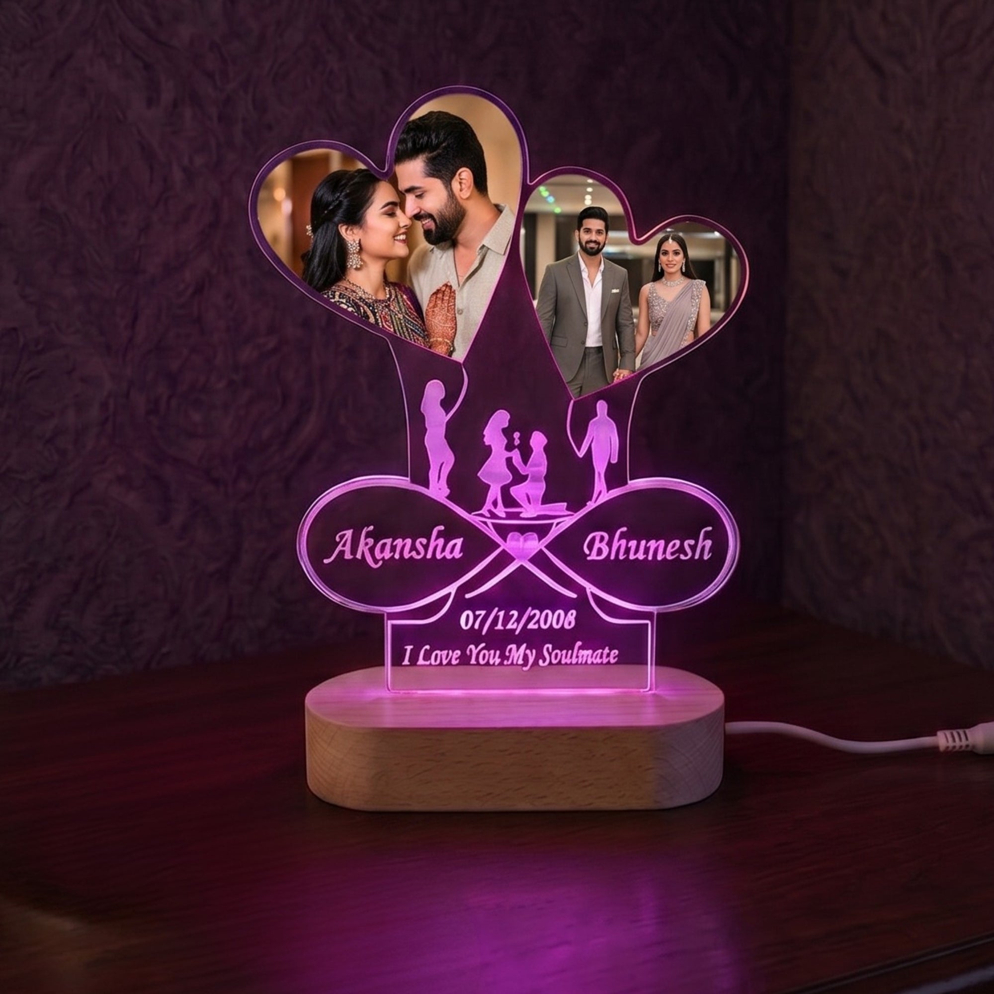 Shayona Gift Shop-Personalized Dual Heart Photo Acrylic LED Lamp | Custom Couple Infinity Name & Anniversary Date Desk Light with Wooden Base | Romantic Gift for Valentine's Day, Anniversary & Wedding