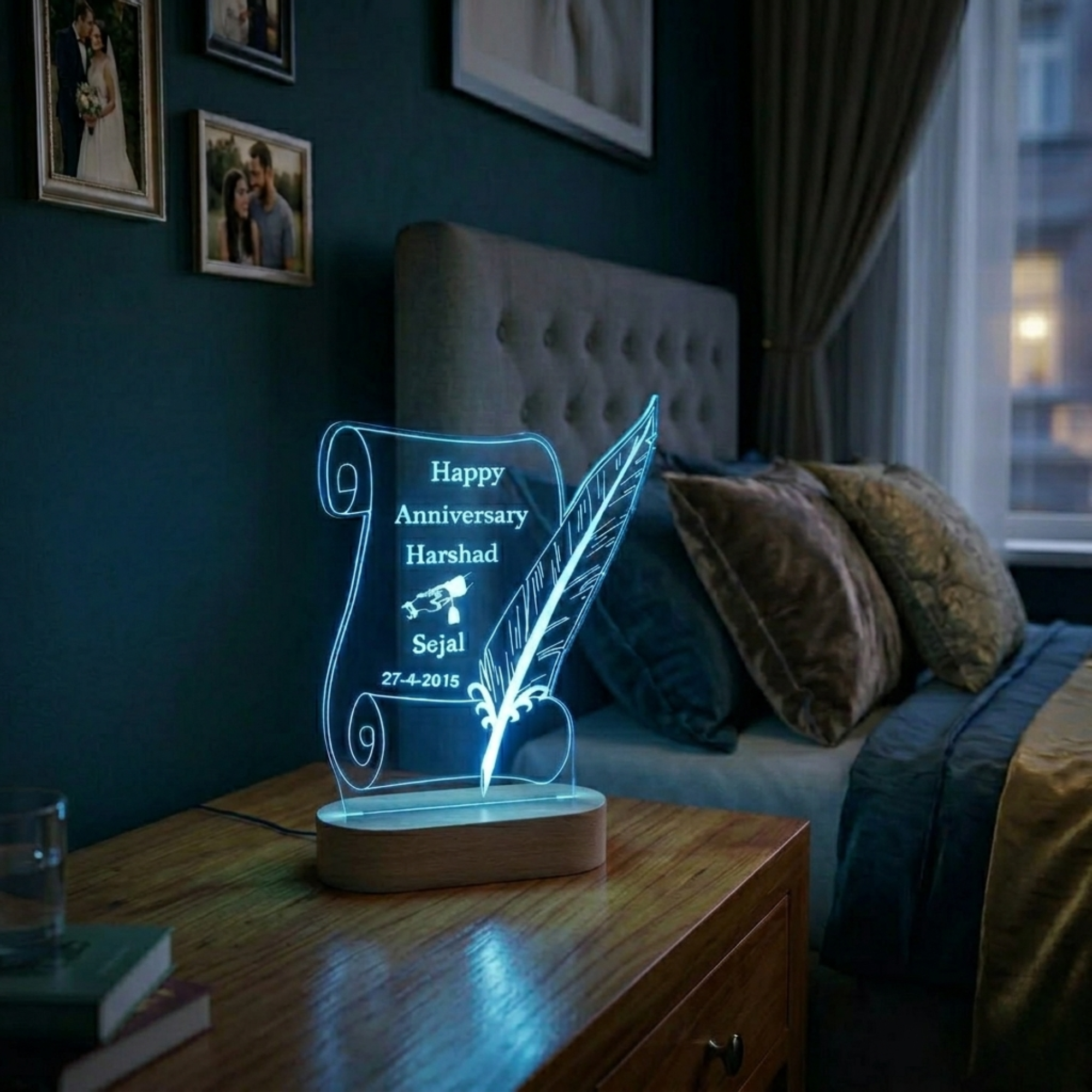 Shayona Gift Shop-Personalized Vintage Scroll & Feather Quill Acrylic LED Lamp – Custom Couple Names, Date & Anniversary Night Light Keepsake