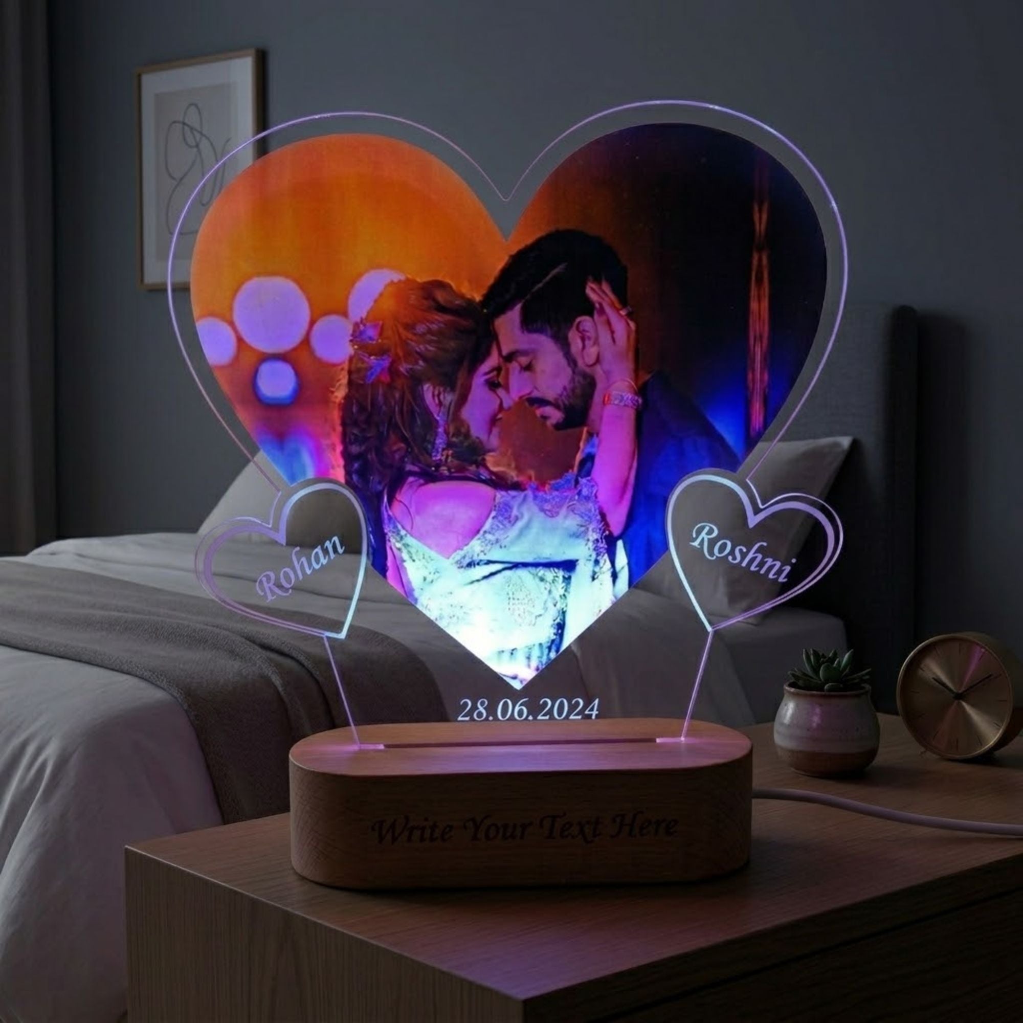 Shayona Gift Shop-Personalized Glowing Heart Photo Acrylic LED Lamp – Custom Couple Names & Wooden Base Engraved Night Light Keepsake