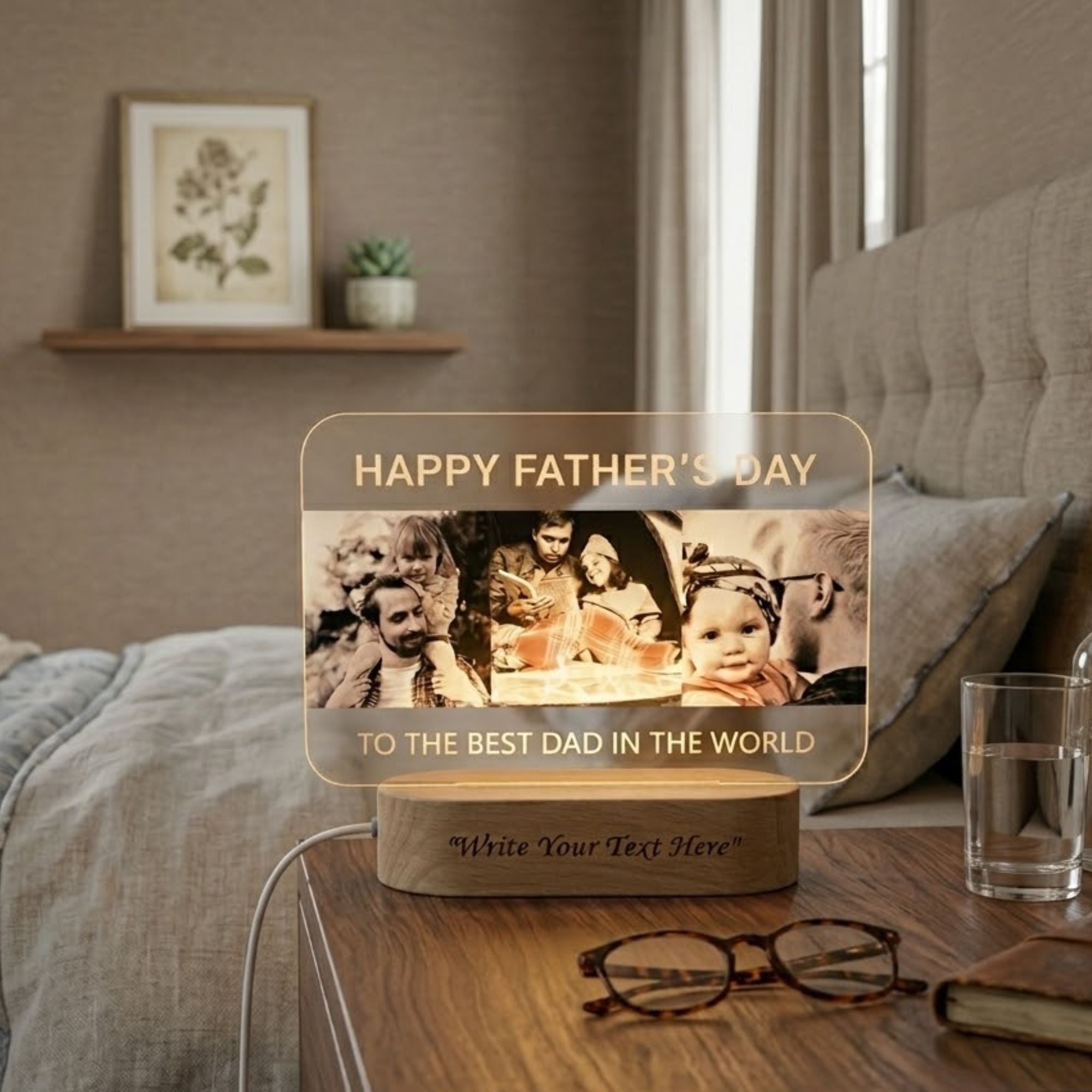 Shayona Gift Shop-Personalized Happy Father's Day Photo Acrylic LED Lamp with Wooden Base – Custom "To The Best Dad In The World" Light Plaque for Father's Day, Birthday & Desk Decor
