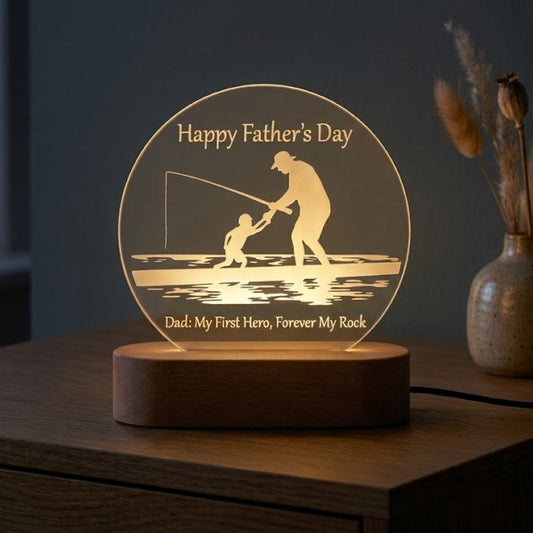 Shayona Gift Shop-Personalized Father's Day Acrylic LED Lamp | Dad My First Hero Forever My Rock Night Light Custom Engraved Acrylic Lamp with Wooden Base Gift for Father, Dad, Papa, Daddy