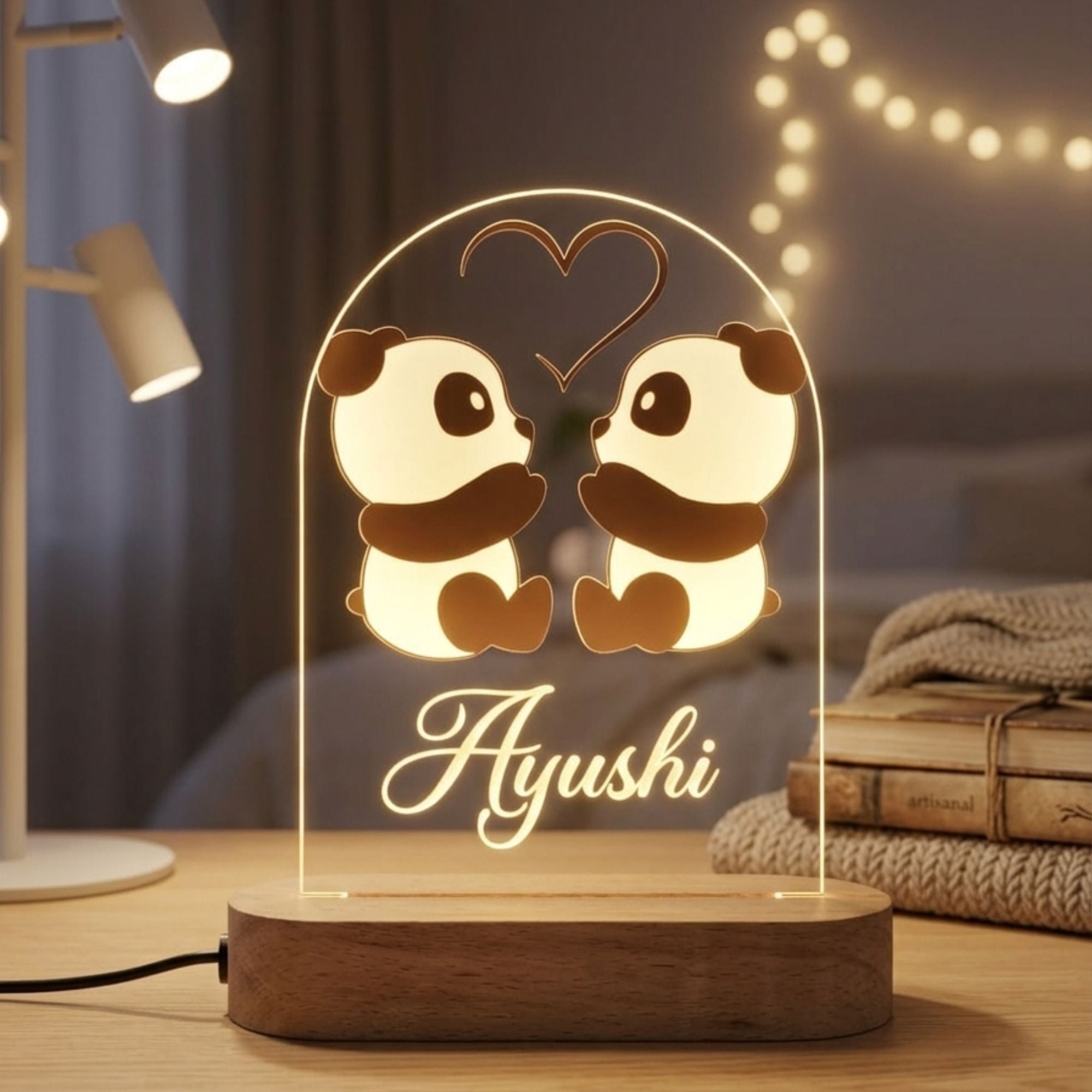 Shayona Gift Shop-Personalized Cute Couple Panda Acrylic LED Night Light - Custom Name Engraved 3D Illusion Lamp, Warm Glow Wooden Base, Aesthetic Bedside Desk Lamp
