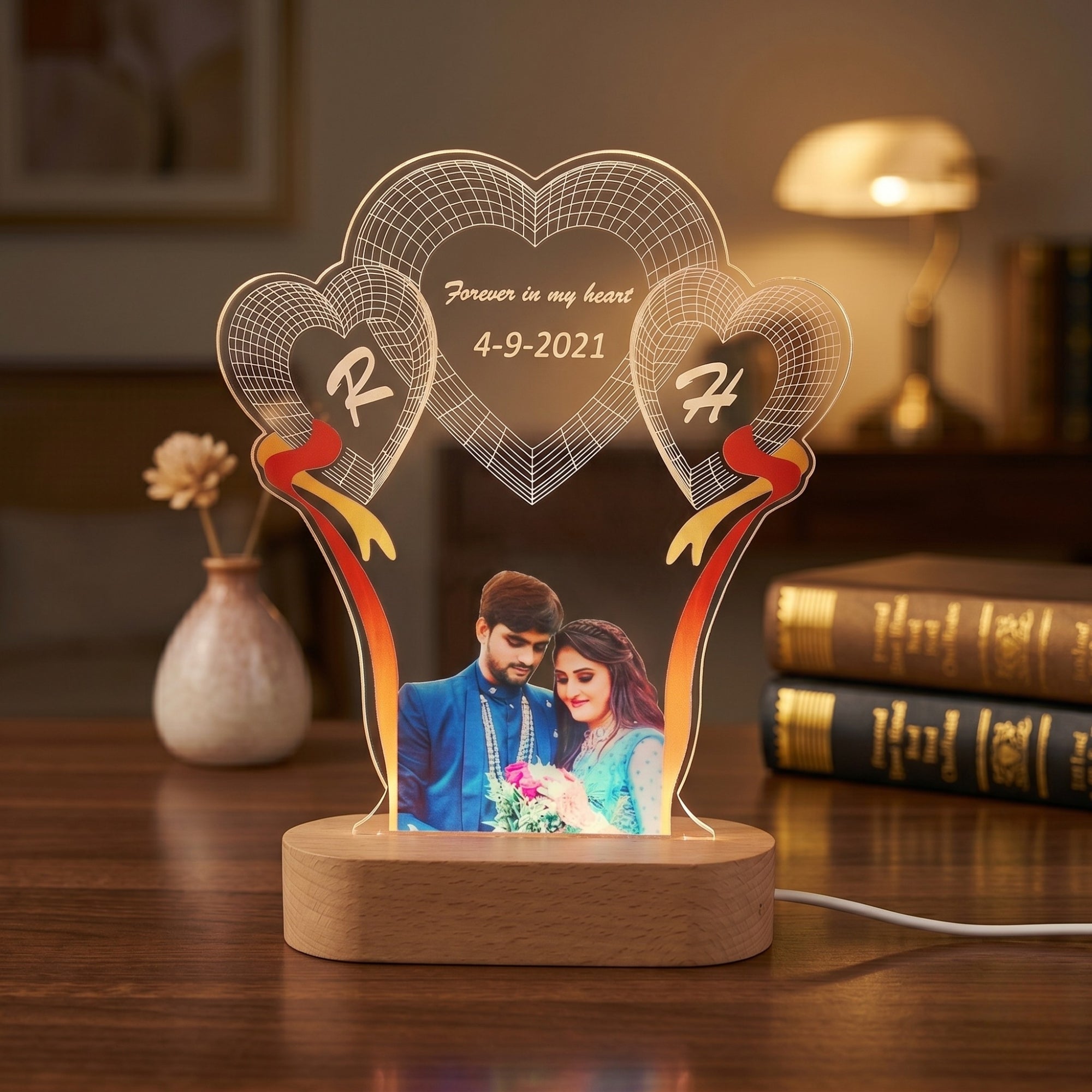 Shayona Gift Shop-Personalized Triple Heart Photo & Initial Acrylic LED Lamp – Custom Couple Photo, Initials, Date & Romantic Quote Night Light