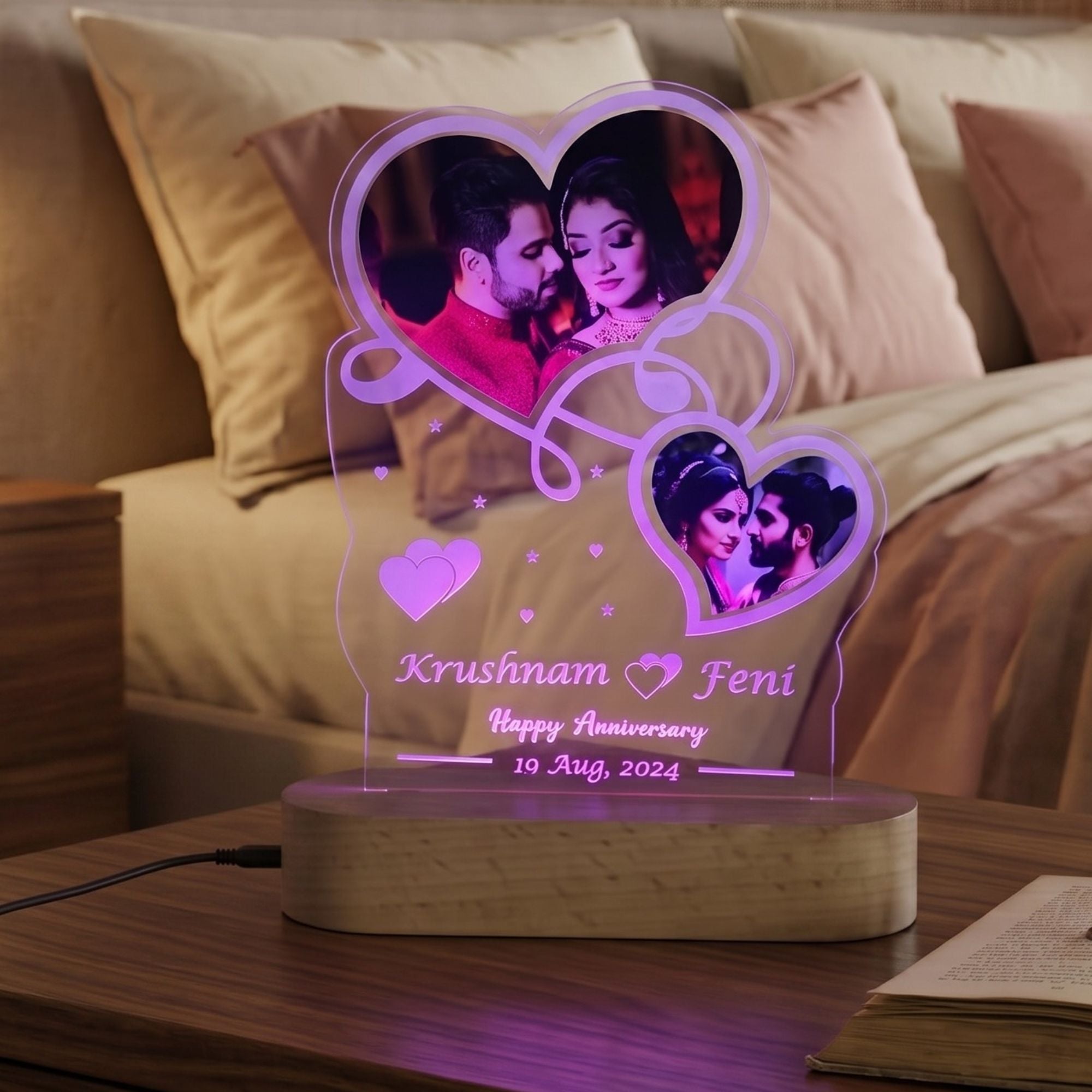 Shayona Gift Shop-Personalized  Photo Heart Acrylic LED Lamp – Custom Couple Names, Date & Anniversary Night Light Lamp for Couples