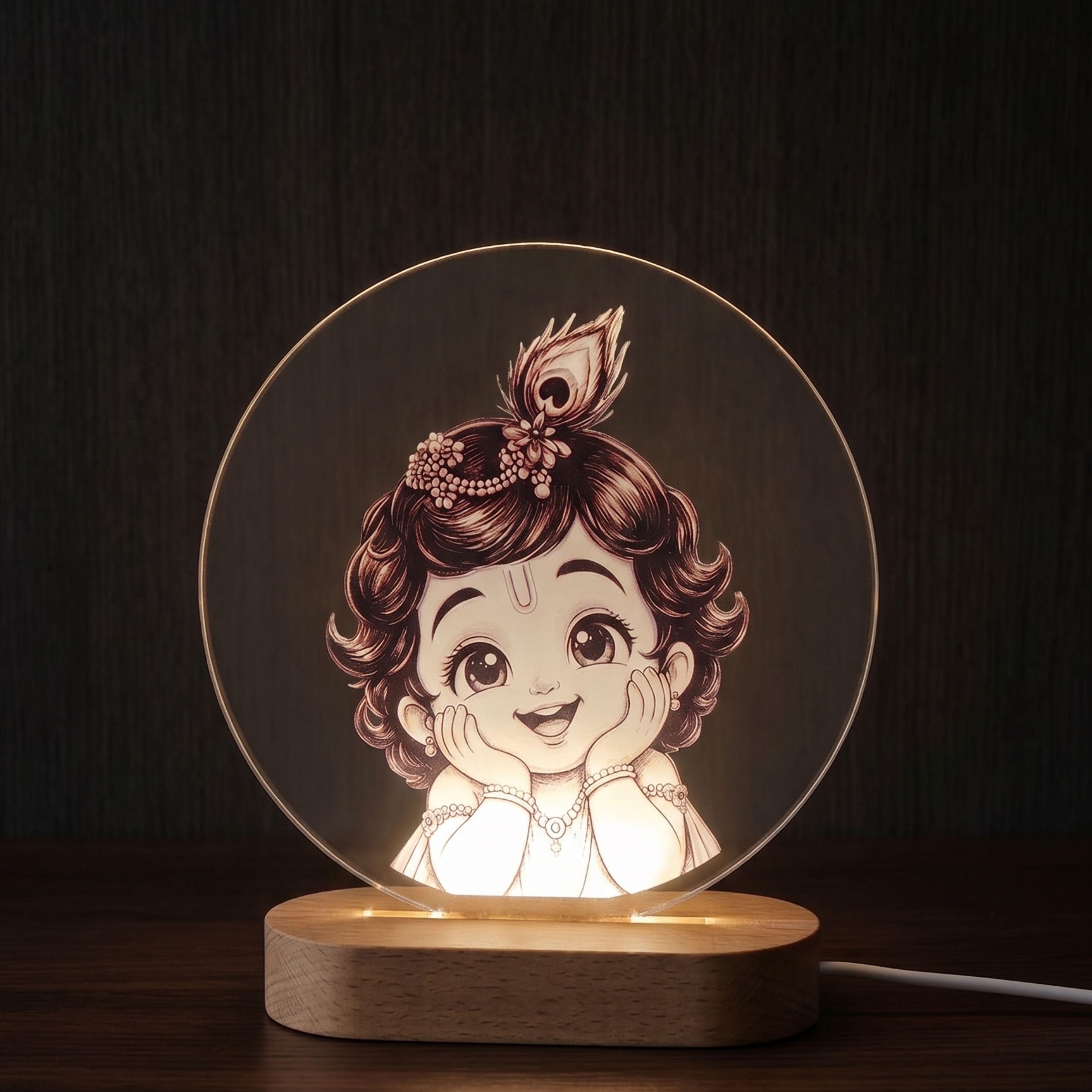 Shayona Gift Shop-Cute Bal Krishna LED Night Lamp with Wooden Base | 3D Acrylic Table Lamp | Spiritual Home Decor & Gift