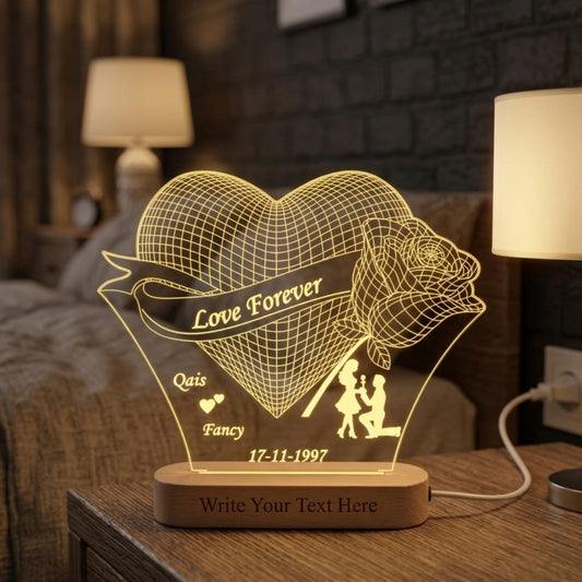 Shayona Gift Shop-Personalized 3D Heart Rose Acrylic LED Lamp – Custom Couple Names, Proposal Silhouette & Date Romantic Night Light