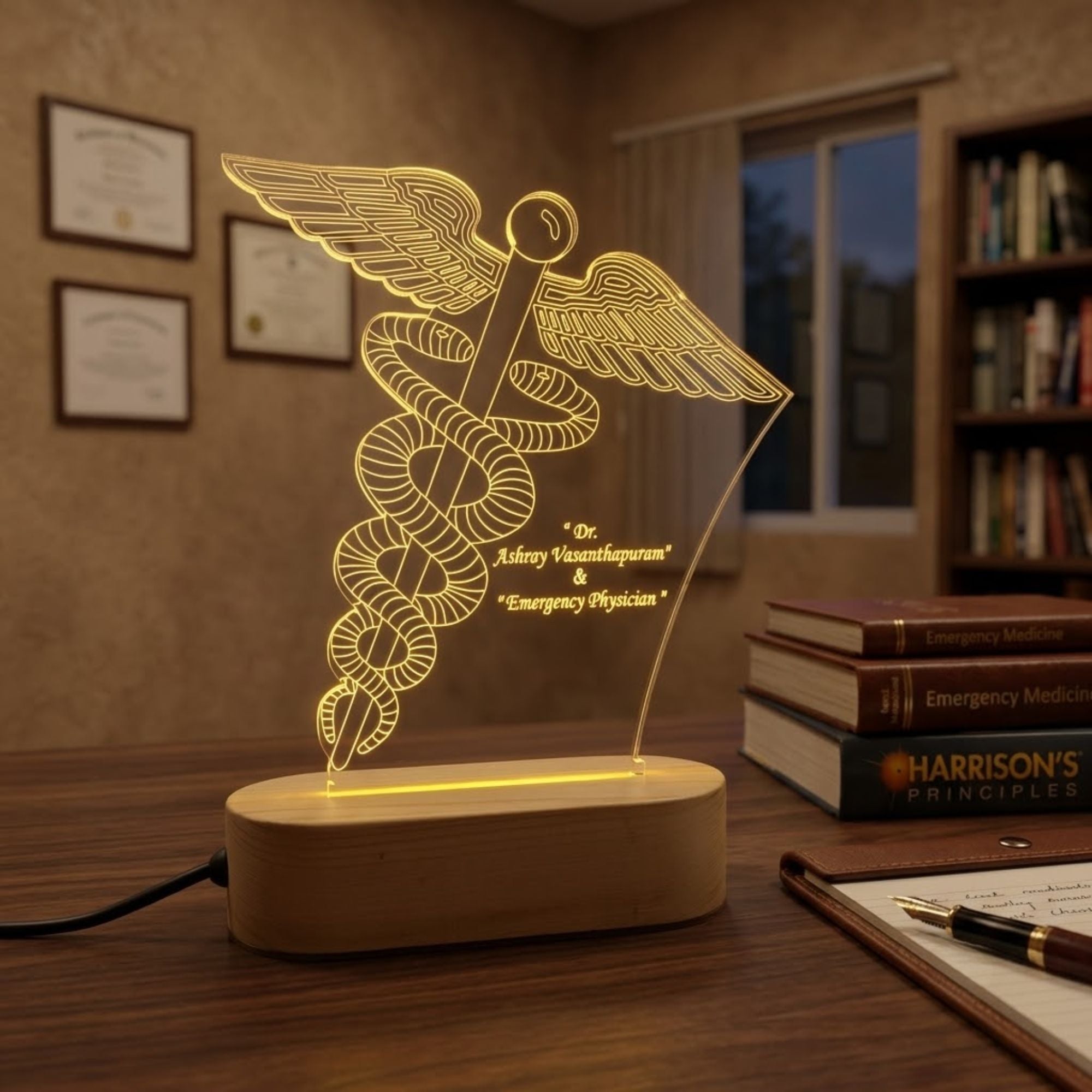 Shayona Gift Shop-Personalized Caduceus Medical Symbol 3D LED Night Light | Custom Doctor Name & Degree Engraved Acrylic Desk Lamp with Wooden Base | Unique Gift for Doctors, Surgeons & Medical Students