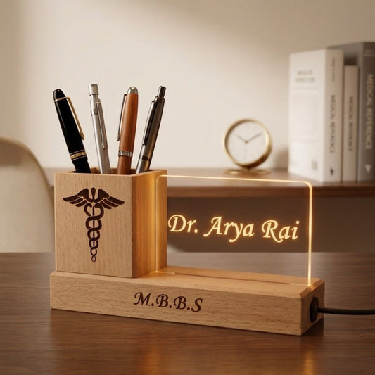 Shayona Gift Shop-Personalized Wooden Desk Organizer with LED Acrylic Doctor Nameplate & Pen Stand