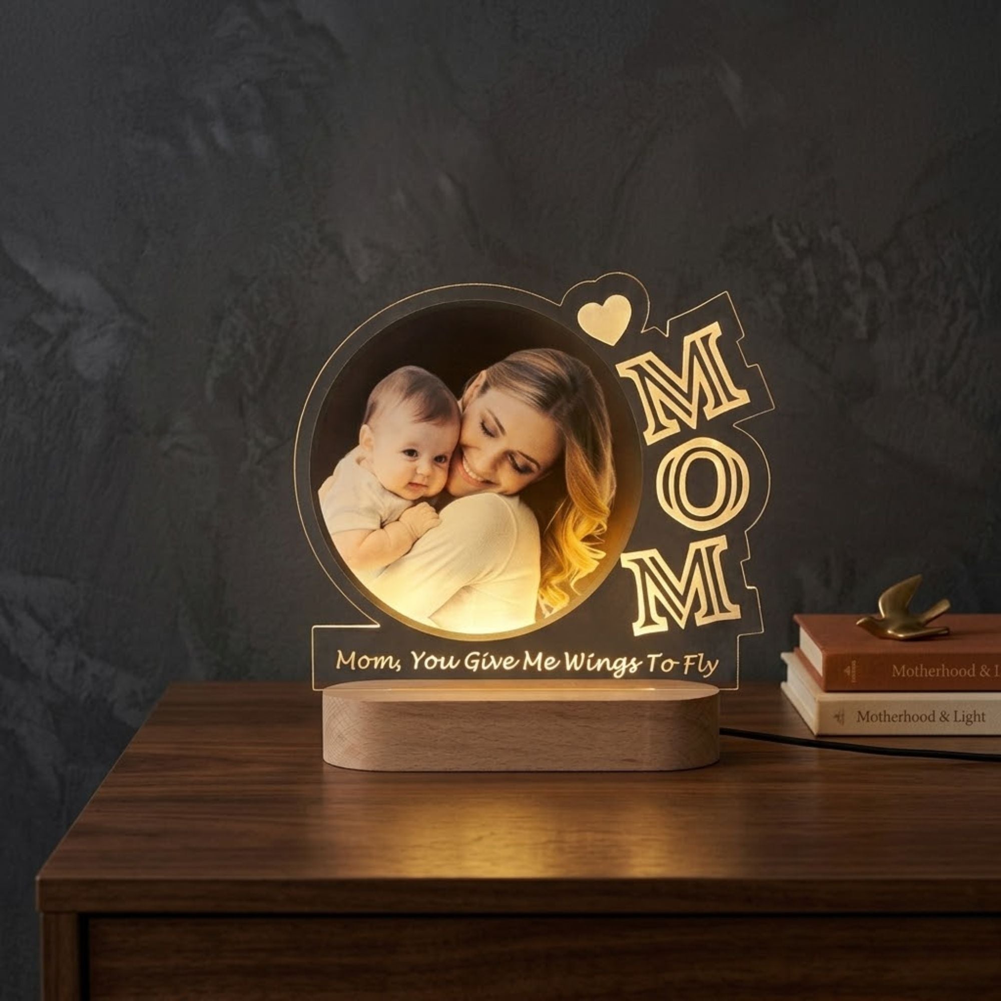 Shayona Gift Shop-Custom Mom Photo LED Lamp with Wood Base | Personalized Mother's Day Gift from Child | Engraved Keepsake