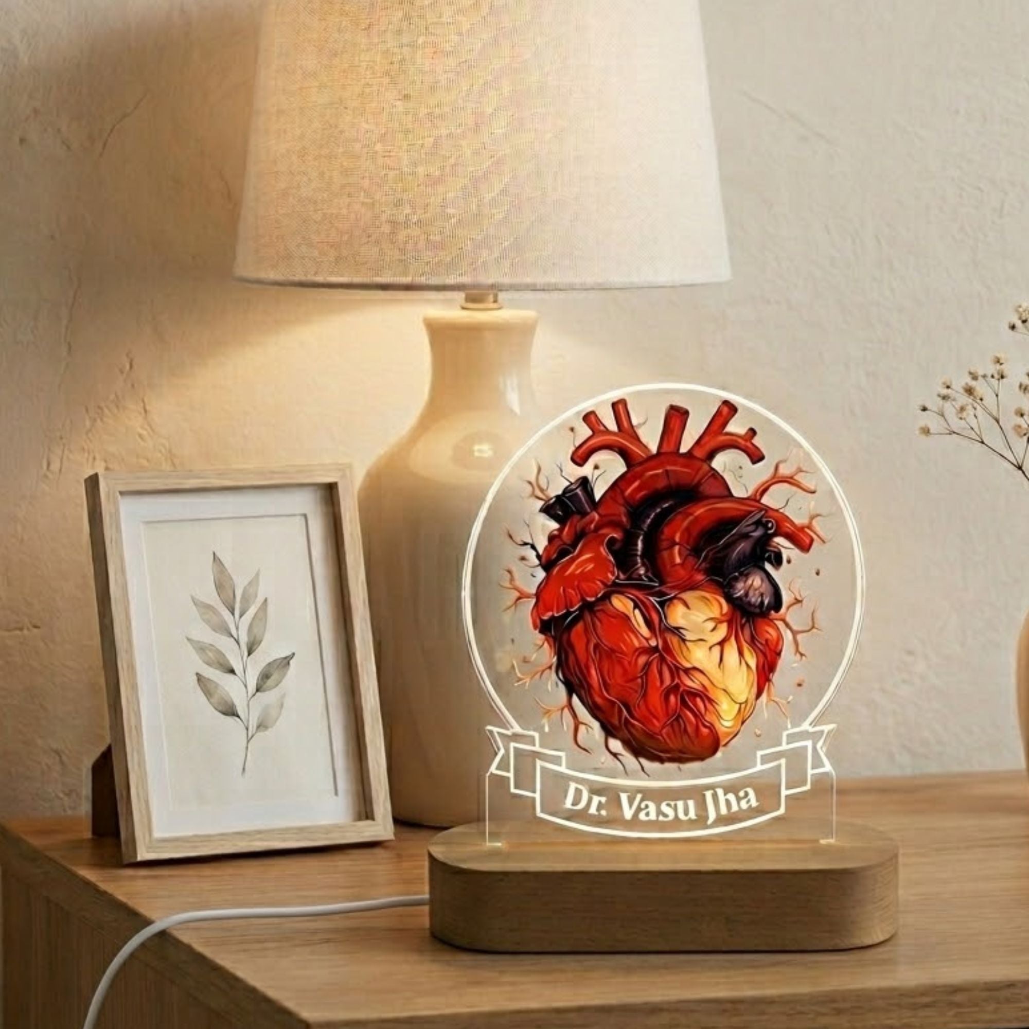 Shayona Gift Shop-Shayona Personalized Anatomical Heart LED Night Lamp | Custom Name Acrylic Lamp with Wooden Base | Gift for Doctors, Cardiologists, Medical Students