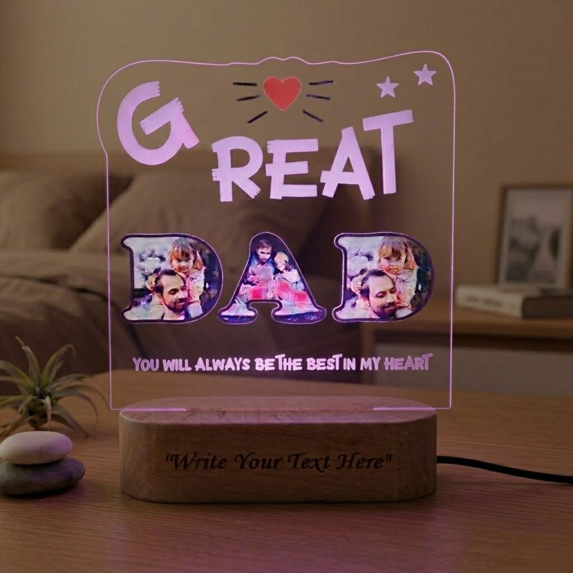 Shayona Gift Shop-Personalized Great Dad Photo Lettering Acrylic LED Lamp with Wooden Base – Customized "GREAT DAD" Photo Frame Light Plaque for Father's Day, Birthday & Home Decor