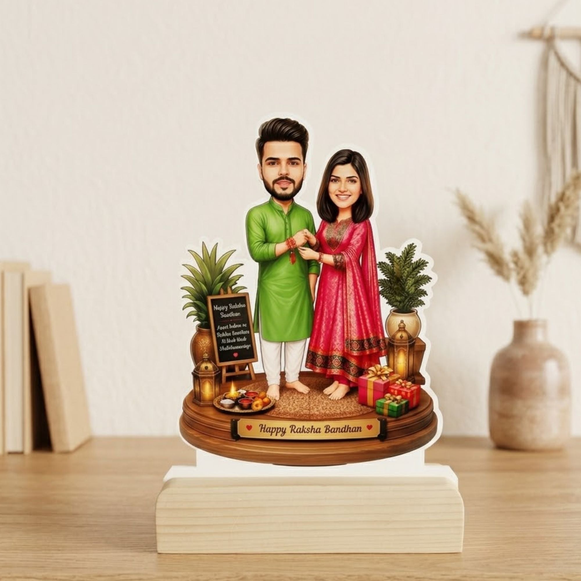 Shayona Gift Shop-Personalized Brother Sister Caricature Acrylic Standee with Wooden Base – Custom Photo Raksha Bandhan Gift Desk Display Frame