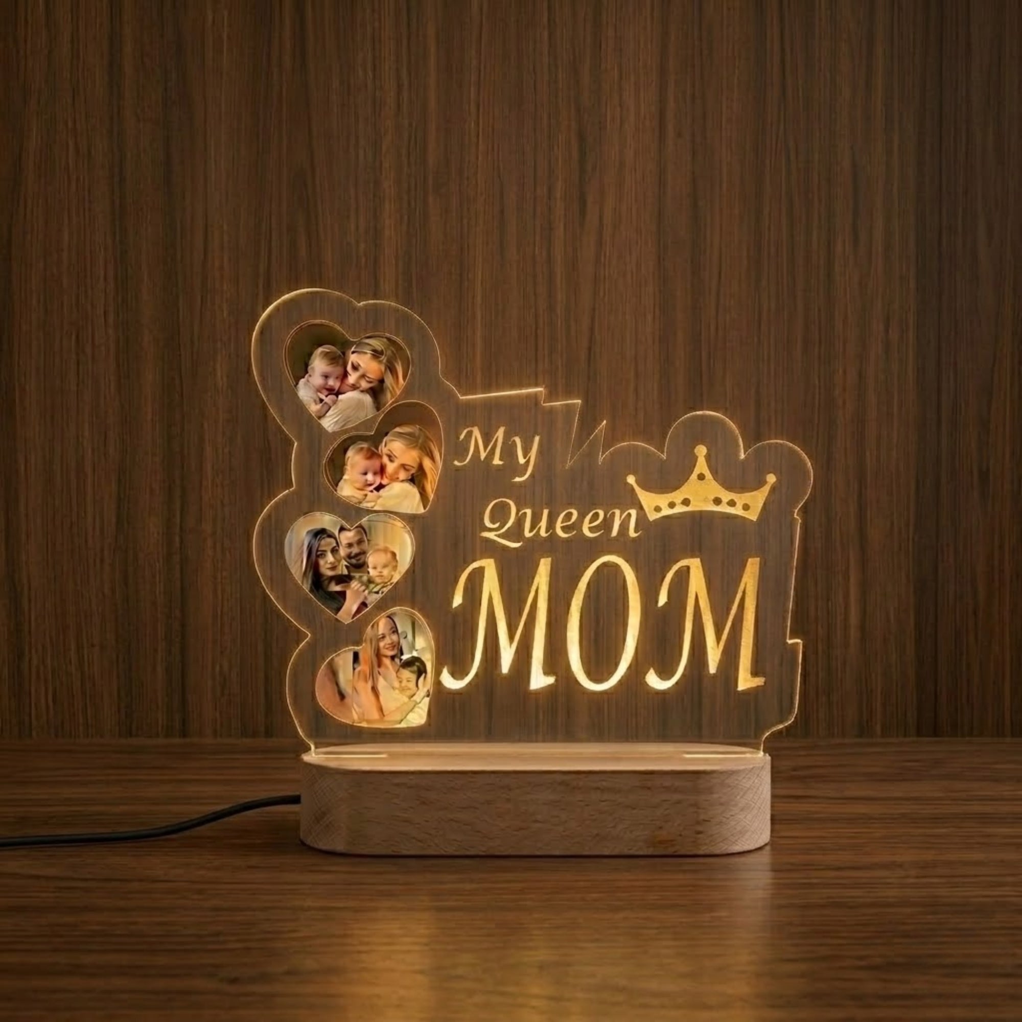Shayona Gift Shop- Personalized "My Queen Mom" Photo Night Light | Custom 4-Photo Heart Collage Acrylic Lamp | Mother's Day Gift
