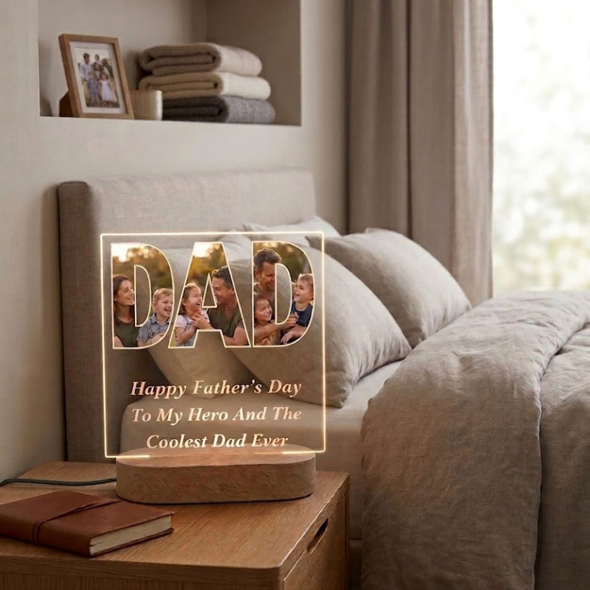 Shayona Gift Shop-Personalized Father's Day Photo Acrylic LED Lamp | Custom Dad Picture Night Light with Wooden Base | Happy Father's Day Gift for Dad, Papa, Daddy | Personalized Family Photo Desk Lamp