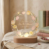 Shayona Gift Shop-Personalized LED Acrylic Night Lamp with Wooden Base | Custom Name & Date | Romantic Gift for Couples, Anniversary, or Wedding – Floral Design