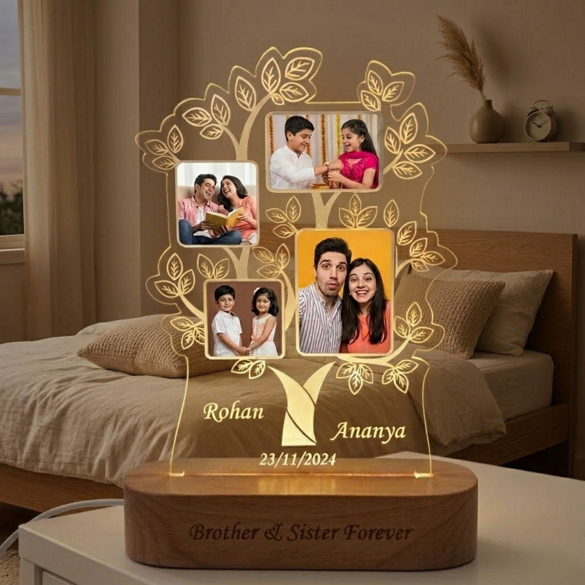 Shayona Gif Sop-Personalized Tree of Life Photo Collage Acrylic LED Lamp | Custom Couple Name & Special Date Desk Light with Wooden Base | Unique Keepsake Gift for Anniversary, Wedding & Birthday