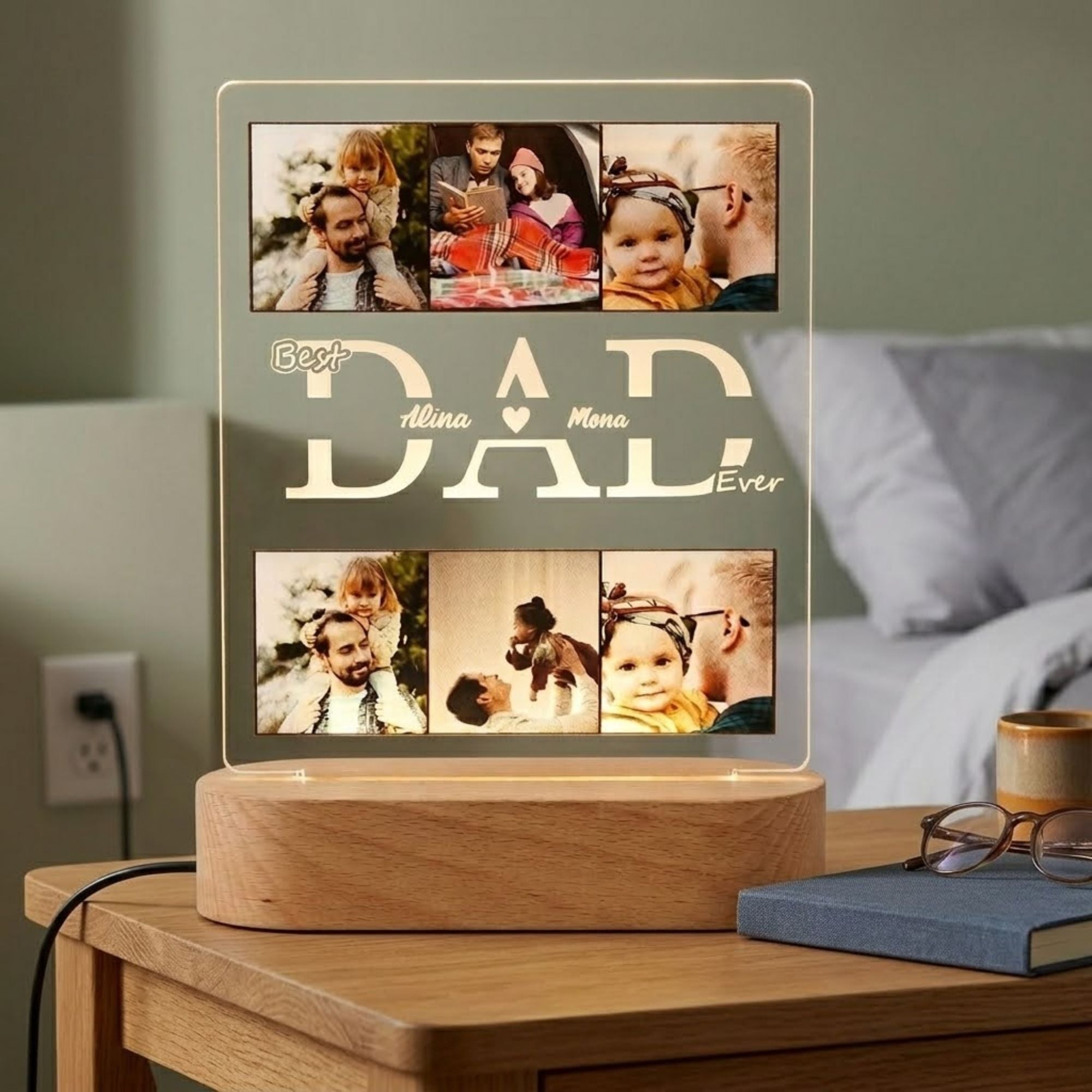 Shayona Gift Shop-Personalized Dad Photo Acrylic LED Lamp with Wooden Base – Customized Best Dad Ever Acrylic Light Plaque Frame for Father's Day, Birthday & Home Decor