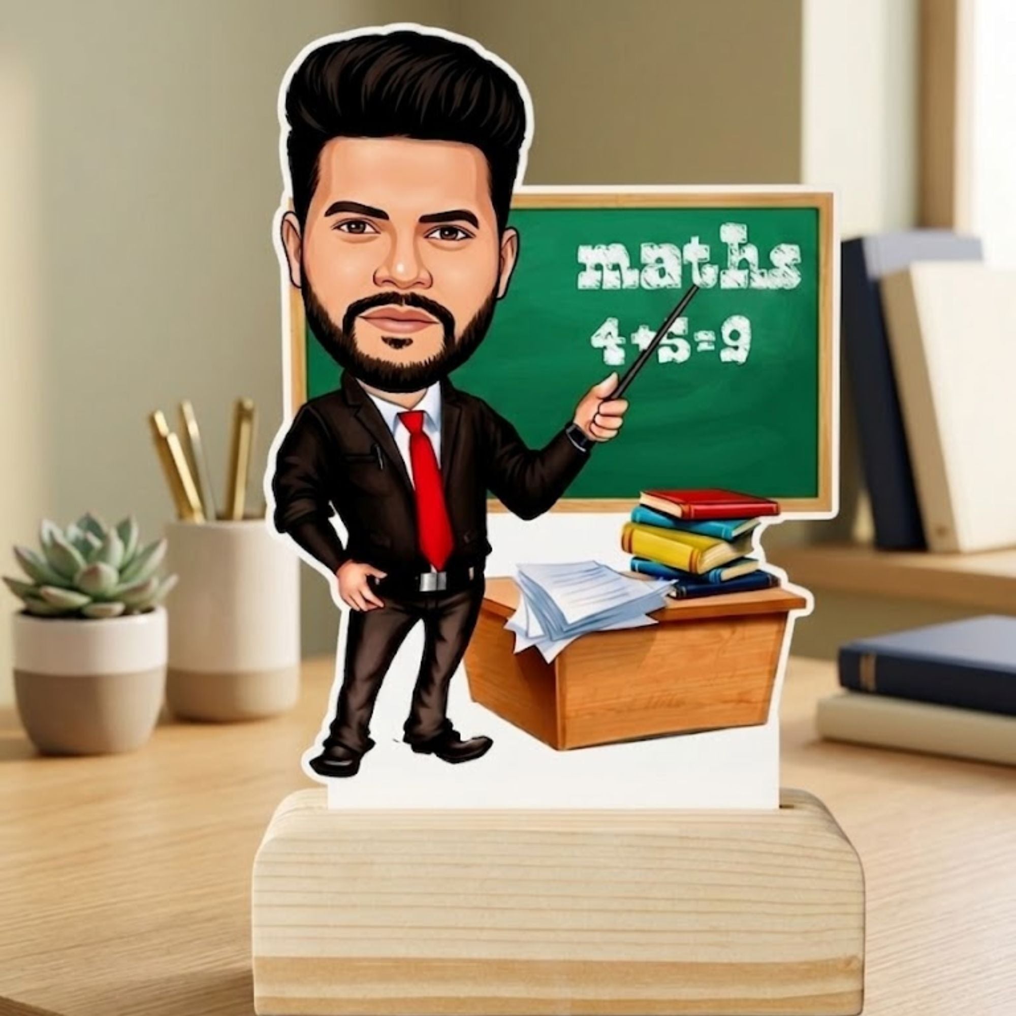 Shayona Gift Shop-Personalized Teacher Caricature Photo Standee with Wooden Base | Custom Teacher Acrylic Desk Stand | Unique Teacher Appreciation Gift, Birthday & Farewell Keepsake
