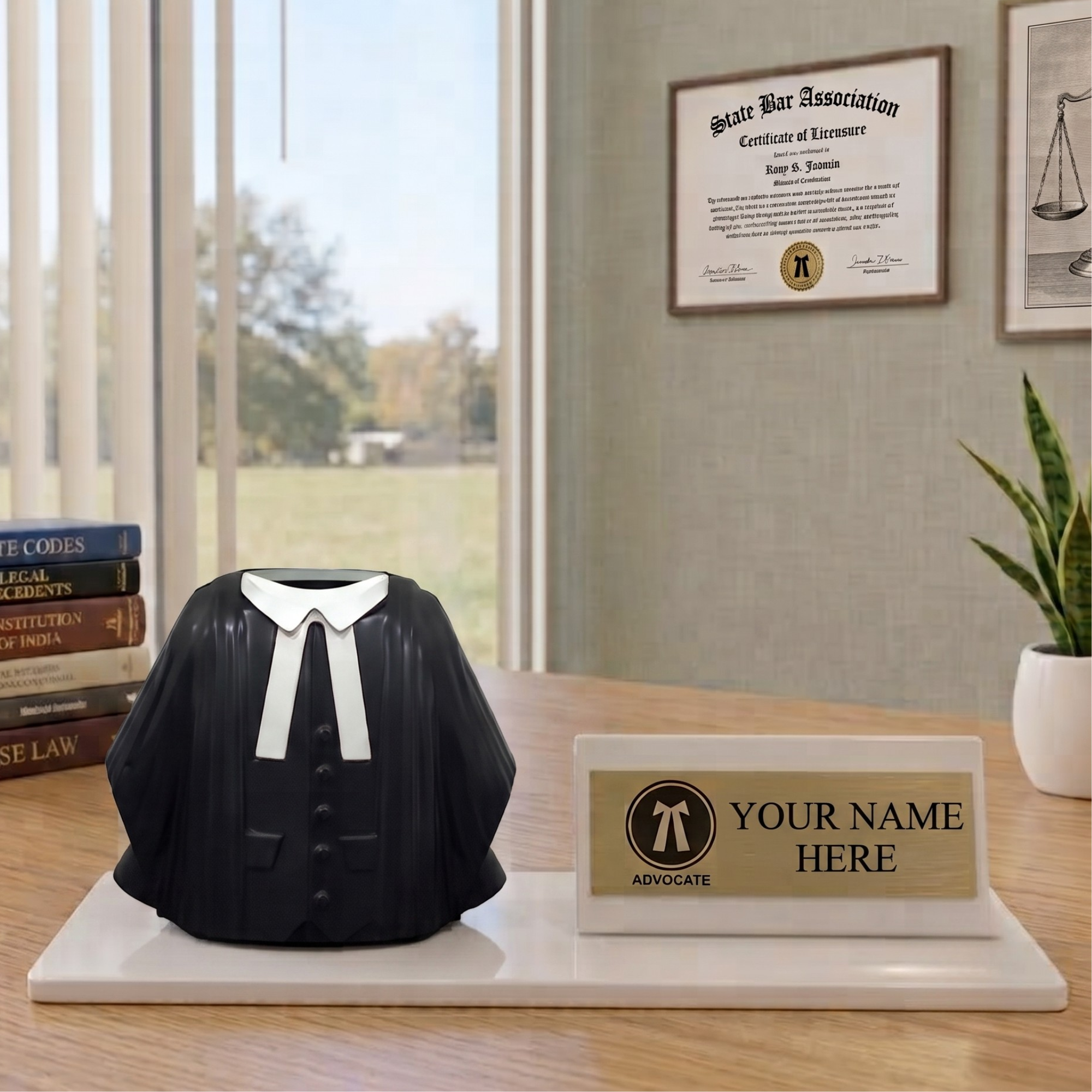 Shayona Gift Shop-Personalized Advocate Desk Name Plate with Lawyer Coat Pen Holder White color | Custom Name Plate for Lawyers | Office Table Gift